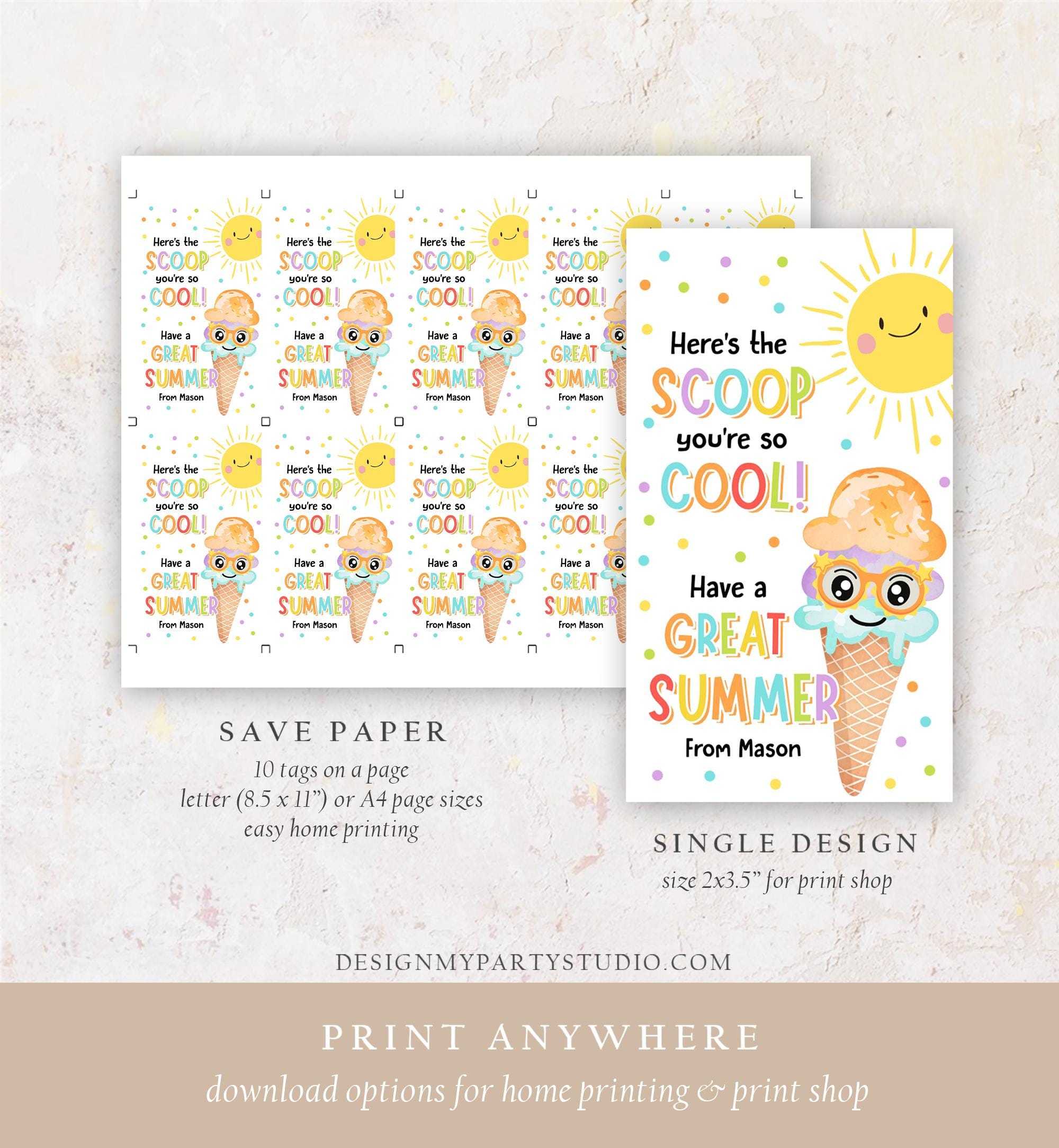 Editable Summer Ice Cream Teacher Appreciation Tag Kids End Of School Year Here's the Scoop Employee Nurse Digital Template Printable 0464