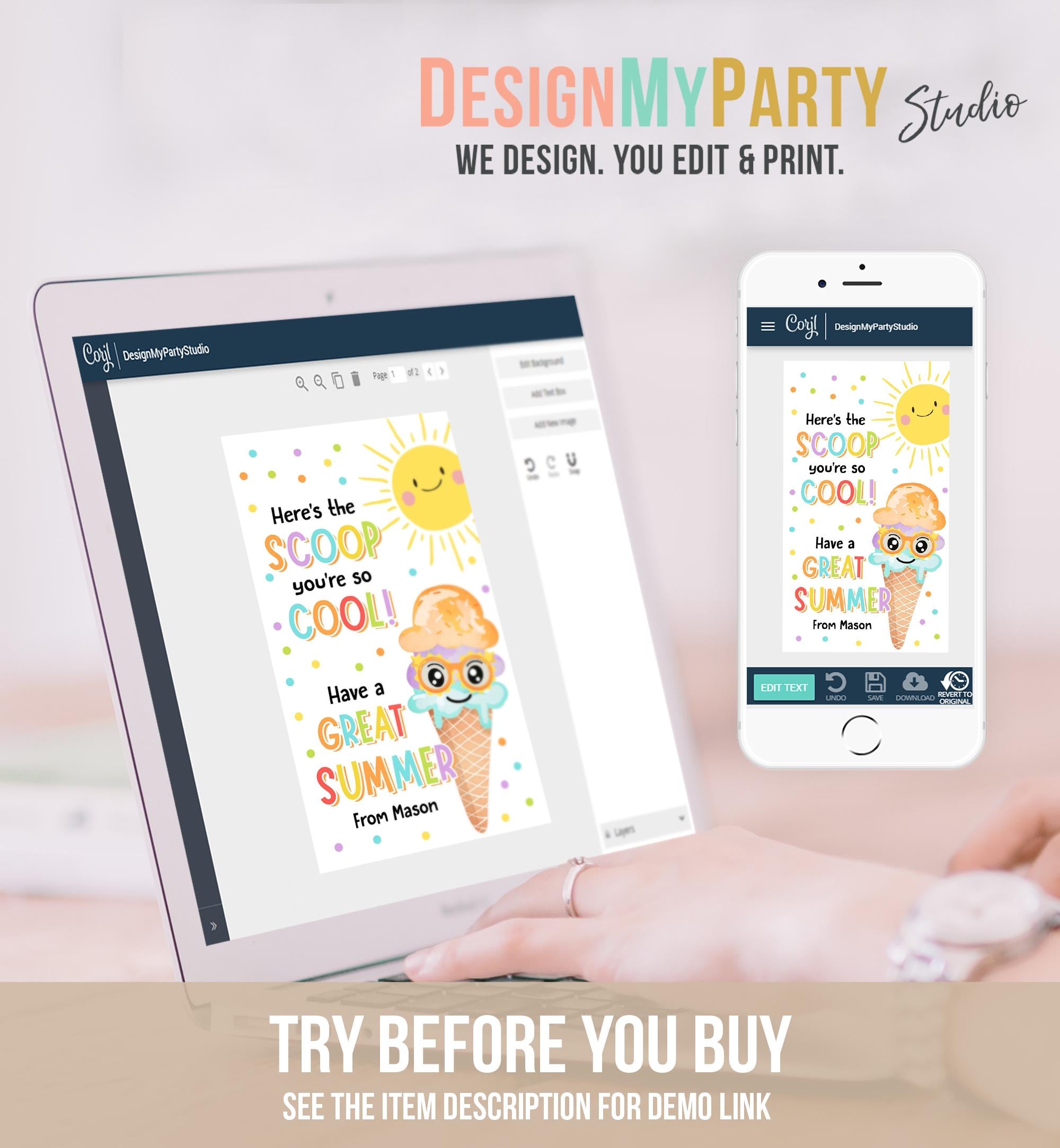 Editable Summer Ice Cream Teacher Appreciation Tag Kids End Of School Year Here's the Scoop Employee Nurse Digital Template Printable 0464