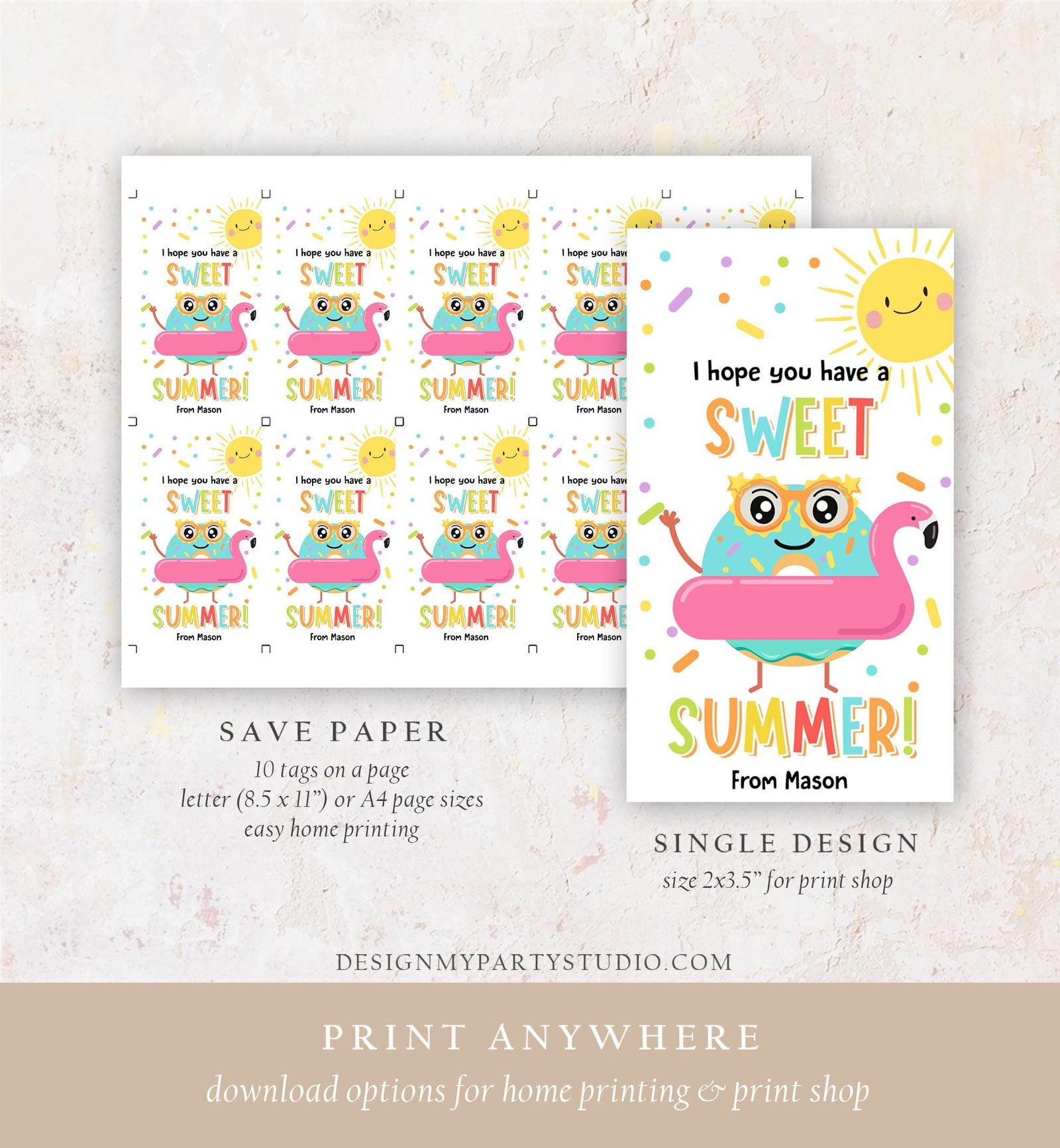 Editable Donut Sweet Summer Teacher Appreciation Tag End of Year Summer Classroom School Favor Tag Gift Digital Template Printable 0464