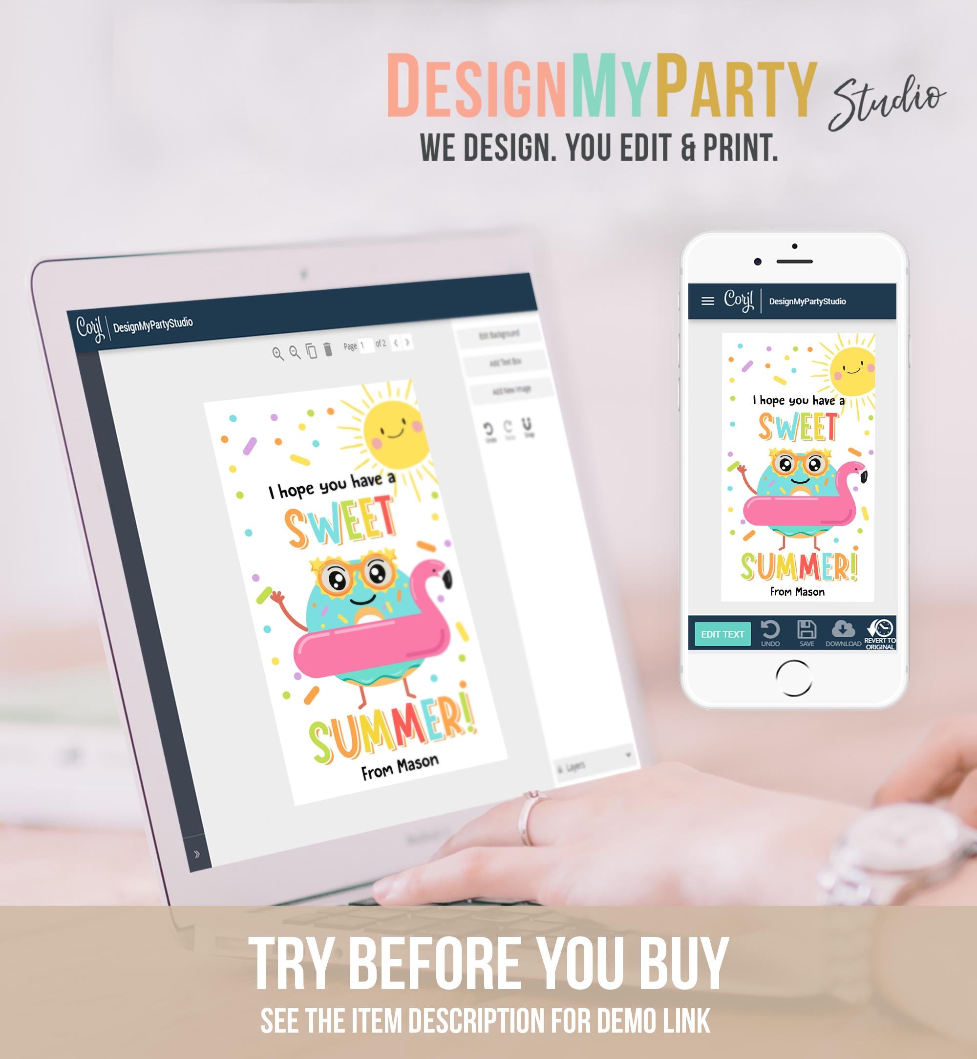 Editable Donut Sweet Summer Teacher Appreciation Tag End of Year Summer Classroom School Favor Tag Gift Digital Template Printable 0464