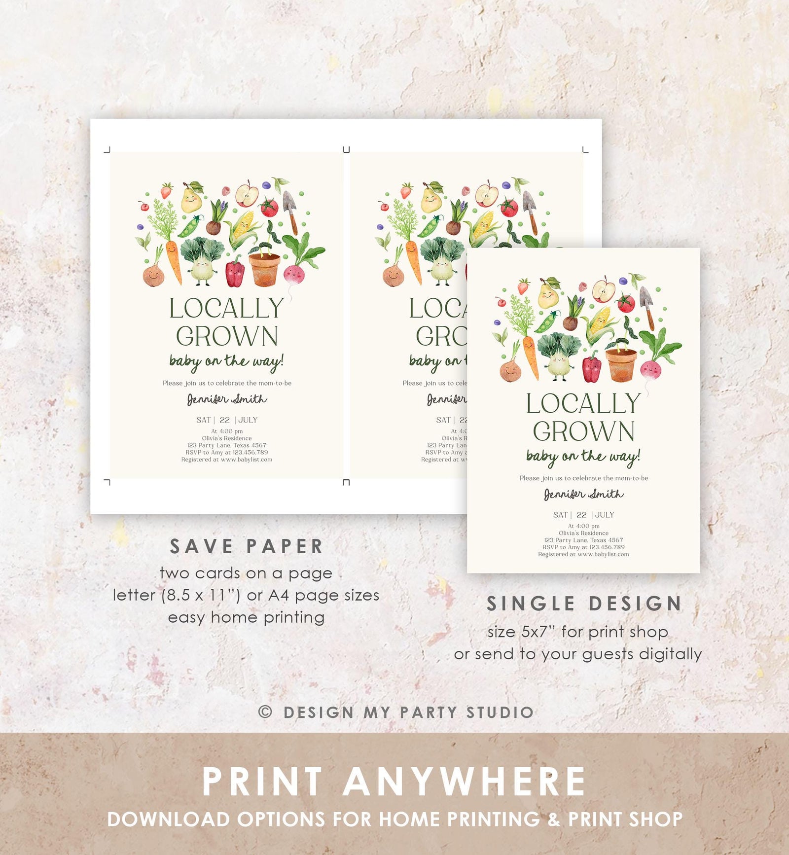 Editable Locally Grown Baby Shower Invitation Farmers Market Fruits and Veggies Vegetable Digital Download Evite Template Printable 0544
