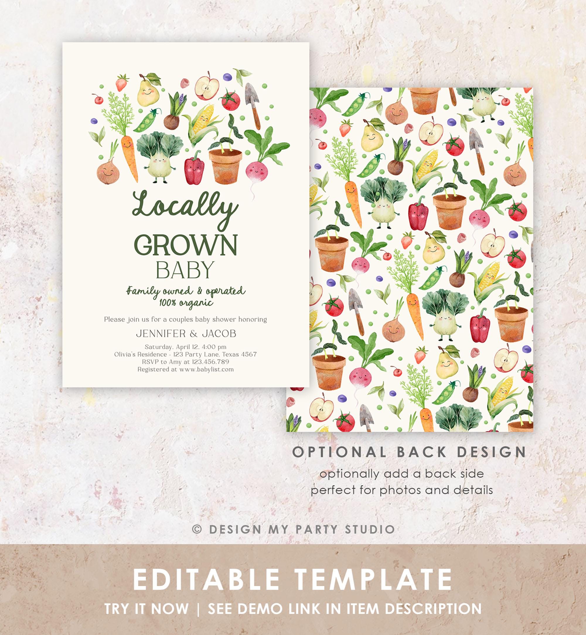 Editable Locally Grown Baby Shower Invitation Farmers Market Fruits and Veggies Vegetable Digital Download Evite Template Printable 0544