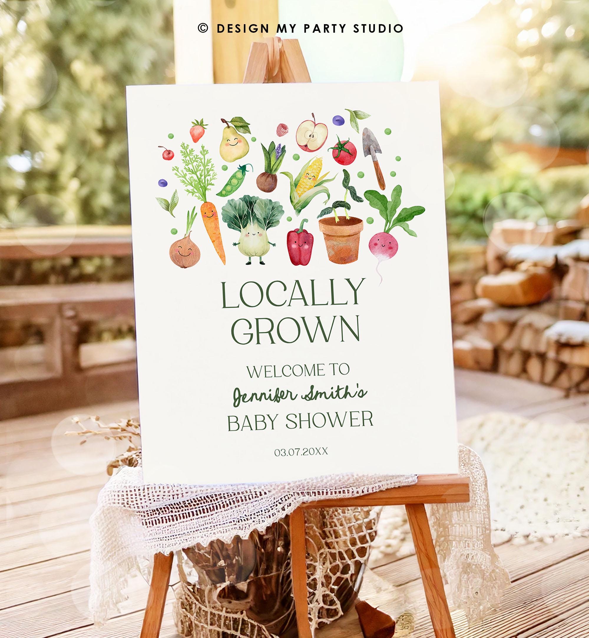 Editable Locally Grown Baby Shower Welcome Sign Farmers Market Fruit Vegetable Market Little Sprout Garden Download Template Printable 0544