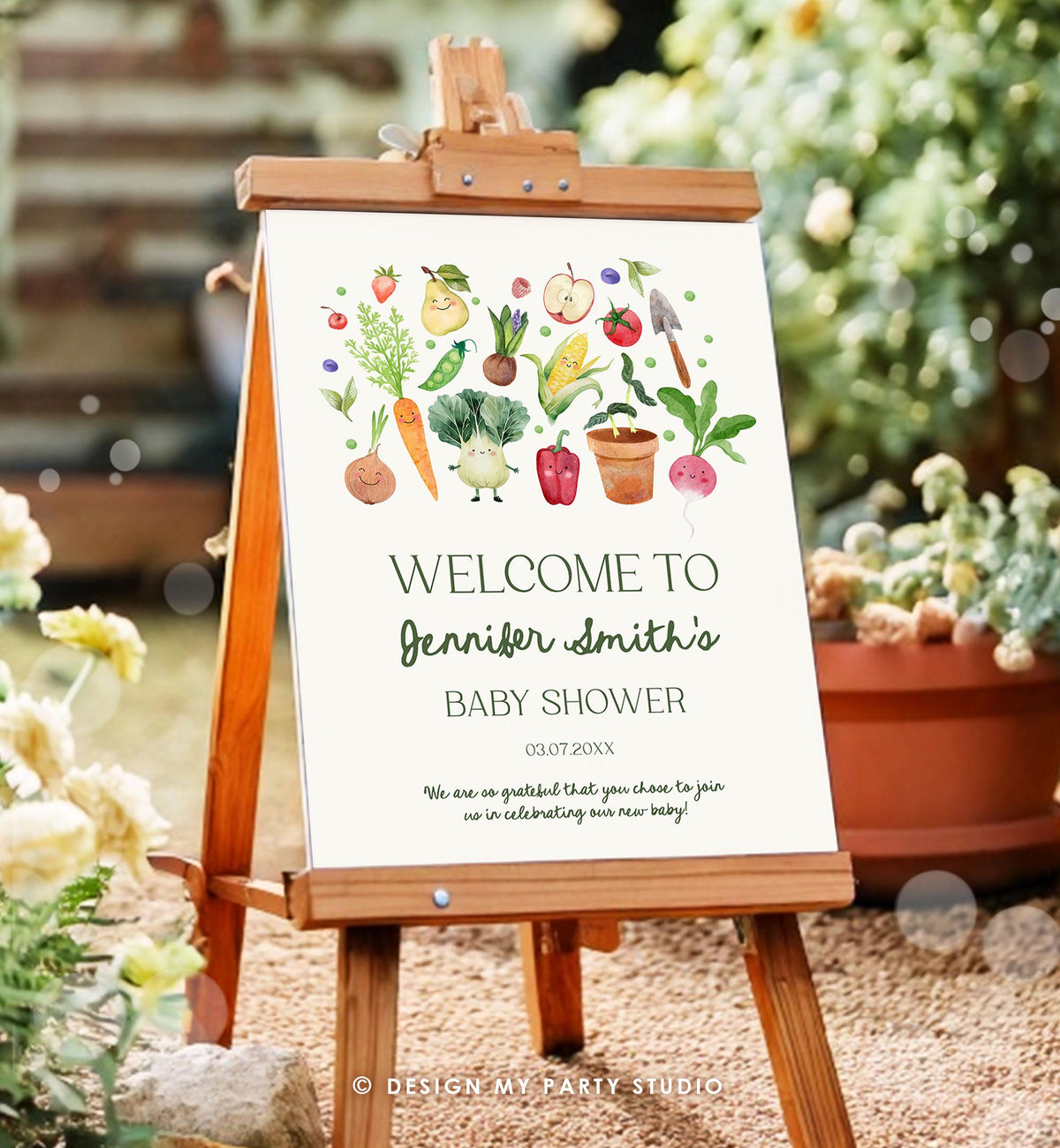 Editable Locally Grown Baby Shower Welcome Sign Farmers Market Fruit Vegetable Market Little Sprout Garden Download Template Printable 0544