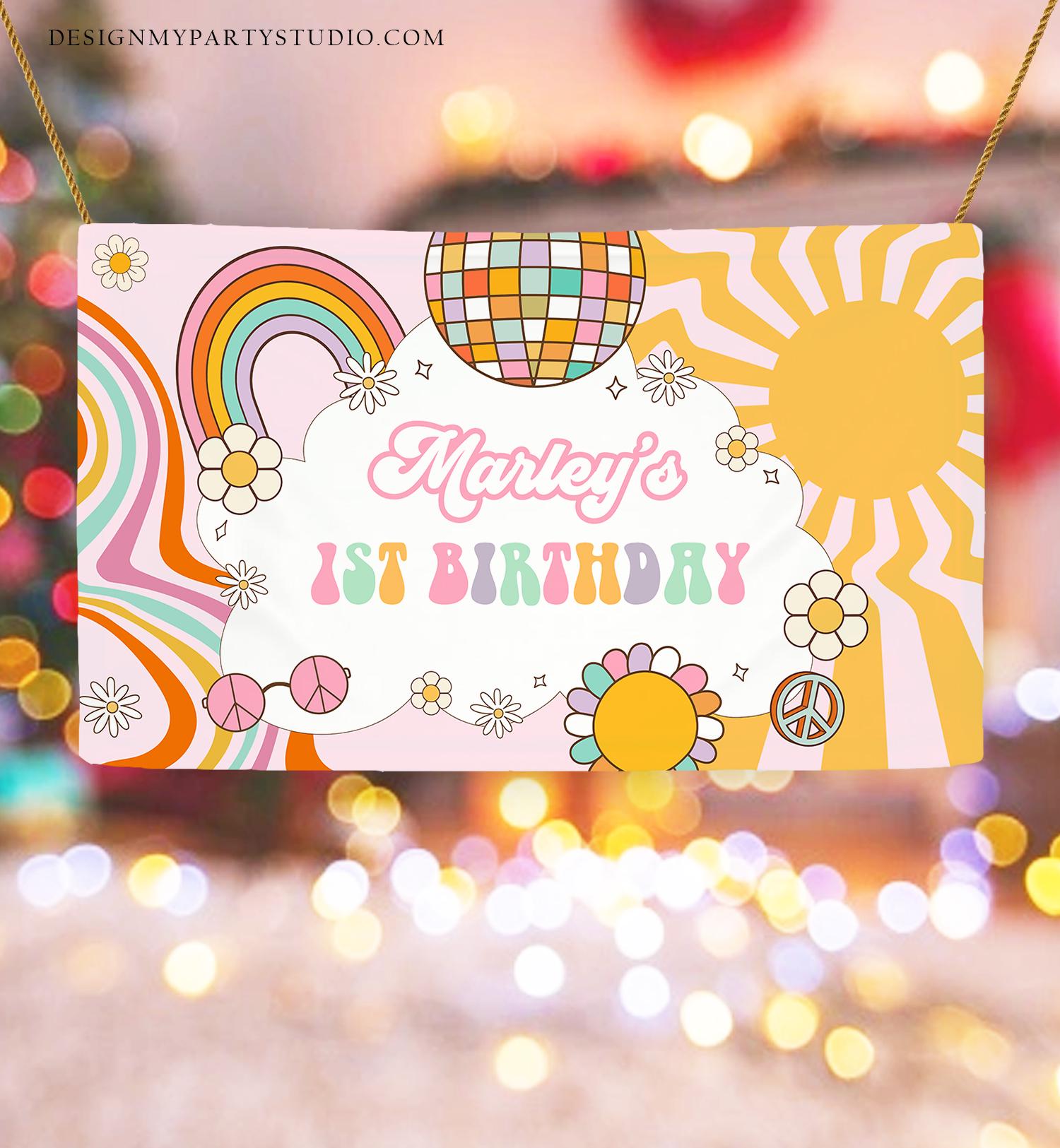 Editable Retro Doodle Birthday Backdrop Two Groovy Girl Retro Groovy Daisy Party Decor Flower Power Boho Digital Template Printable 0538