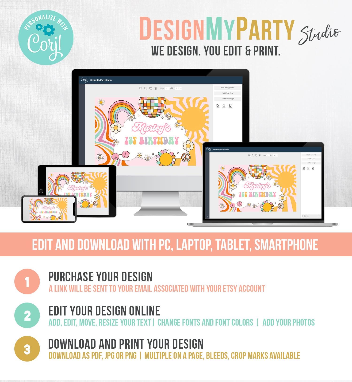 Editable Retro Doodle Birthday Backdrop Two Groovy Girl Retro Groovy Daisy Party Decor Flower Power Boho Digital Template Printable 0538