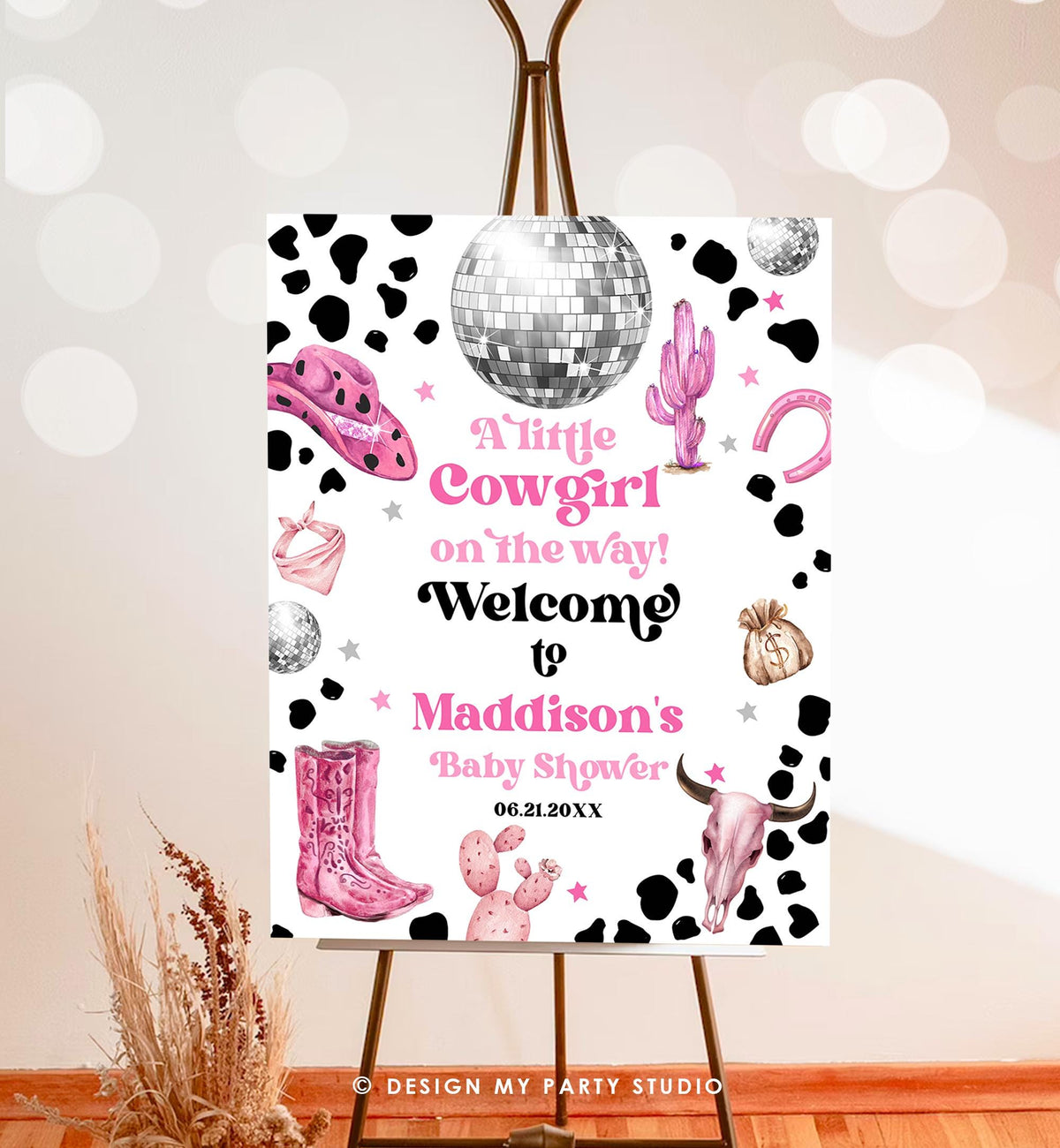 Editable Space Cowgirl Welcome Sign Disco Cowgirl Baby Shower Little Cowgirl on the Way Wild West Rodeo Digital Template Printable 0455