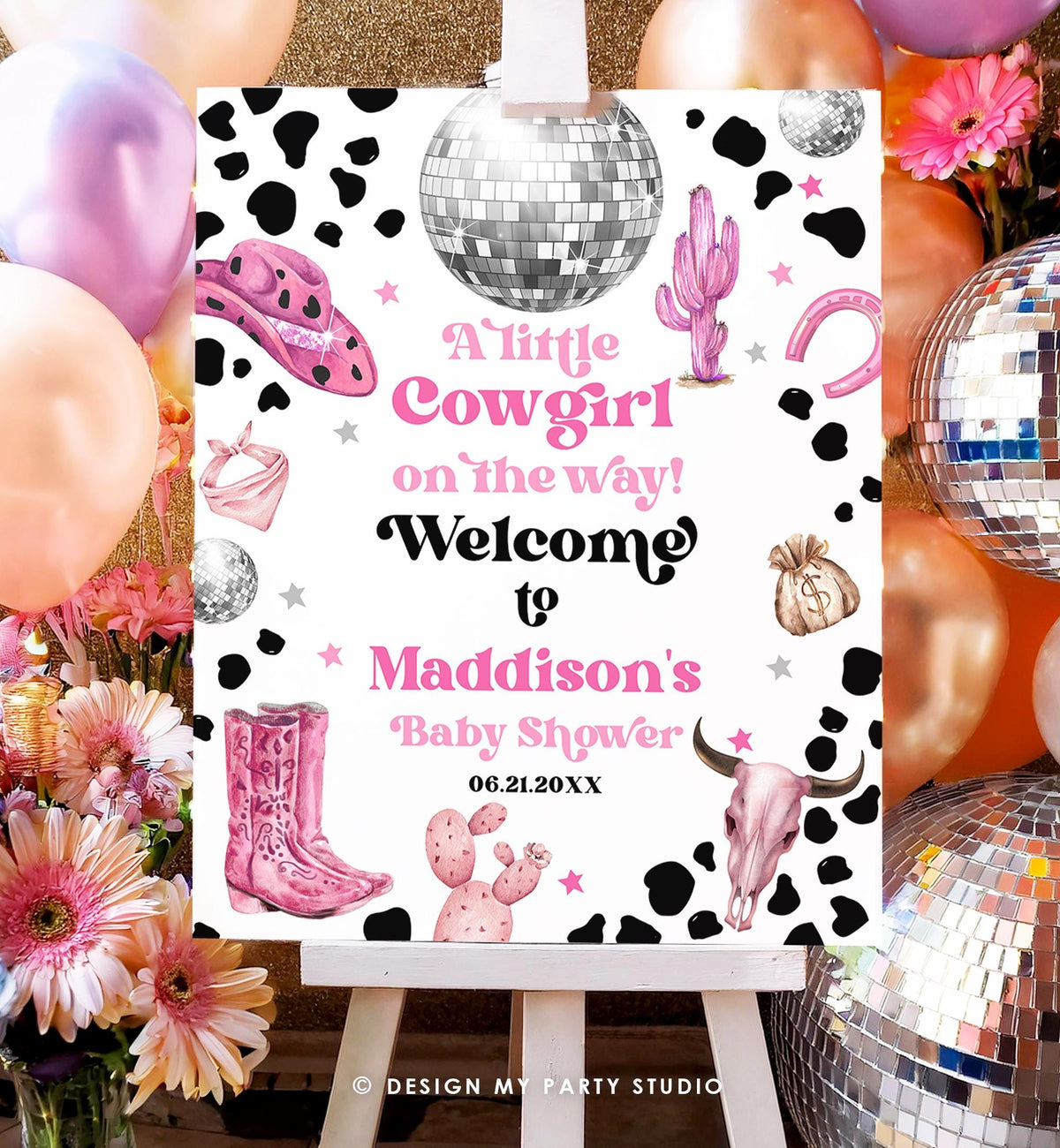 Editable Space Cowgirl Welcome Sign Disco Cowgirl Baby Shower Little Cowgirl on the Way Wild West Rodeo Digital Template Printable 0455