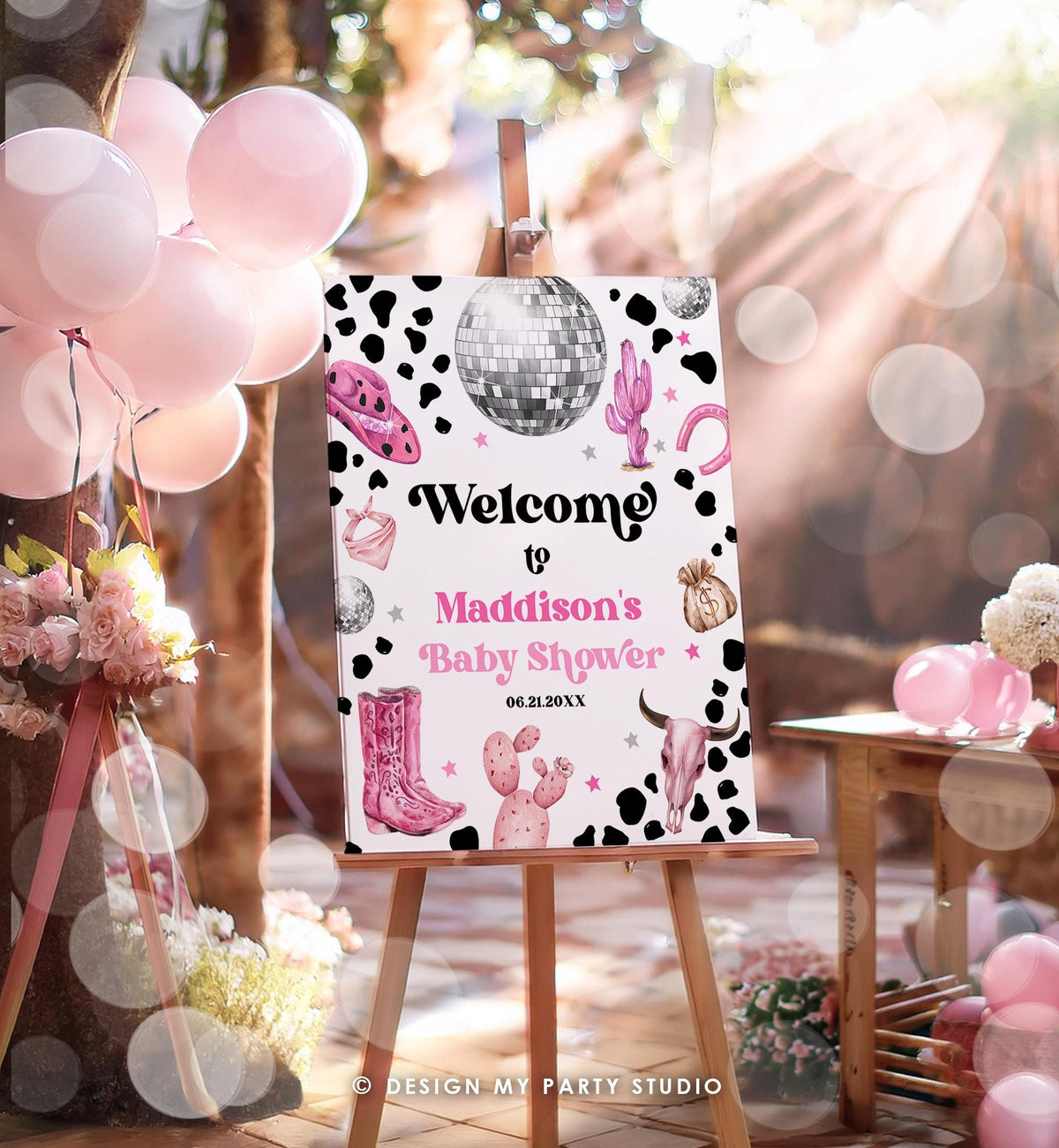 Editable Space Cowgirl Welcome Sign Disco Cowgirl Baby Shower Little Cowgirl on the Way Wild West Rodeo Digital Template Printable 0455