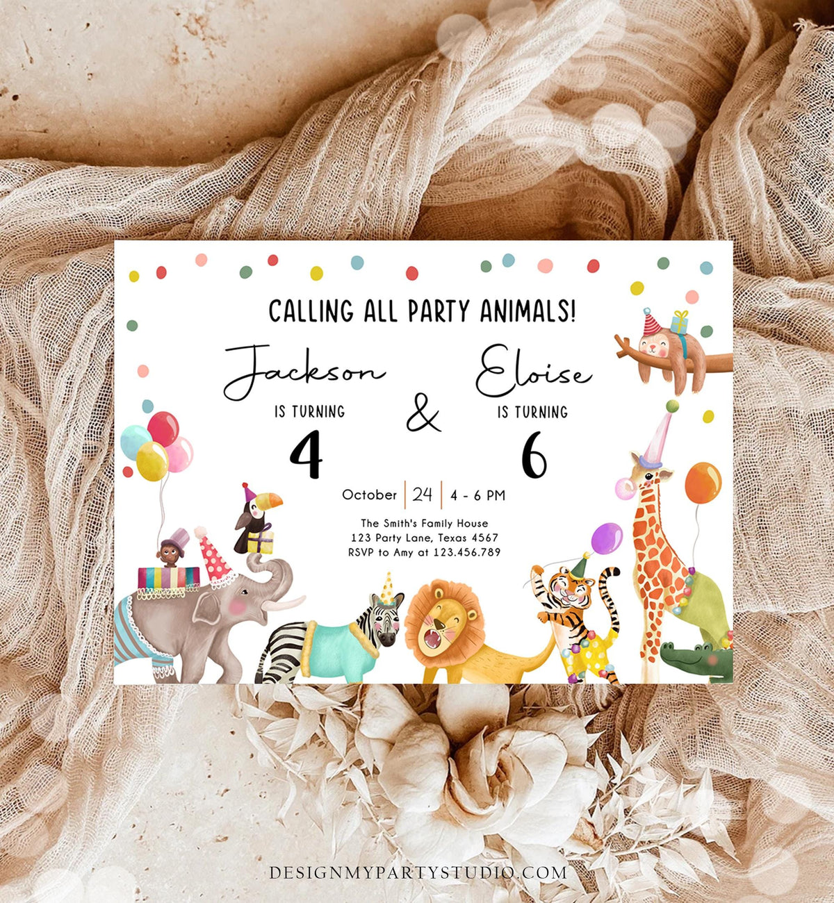 Editable Calling All Party Animals Birthday Invitation Joint Party Siblings Coed Zoo Safari Animals Boy Girl Digital Template Printable 0482