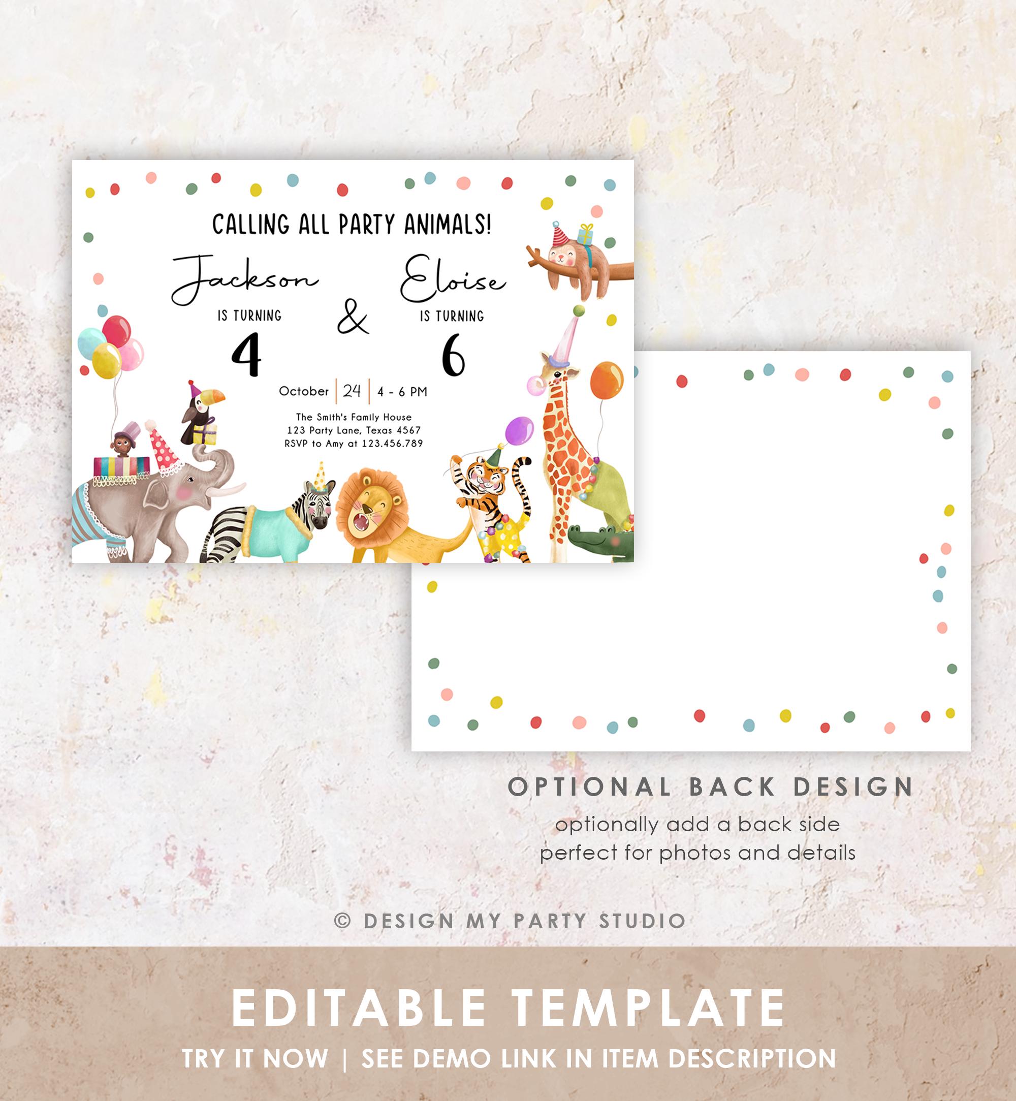 Editable Calling All Party Animals Birthday Invitation Joint Party Siblings Coed Zoo Safari Animals Boy Girl Digital Template Printable 0482
