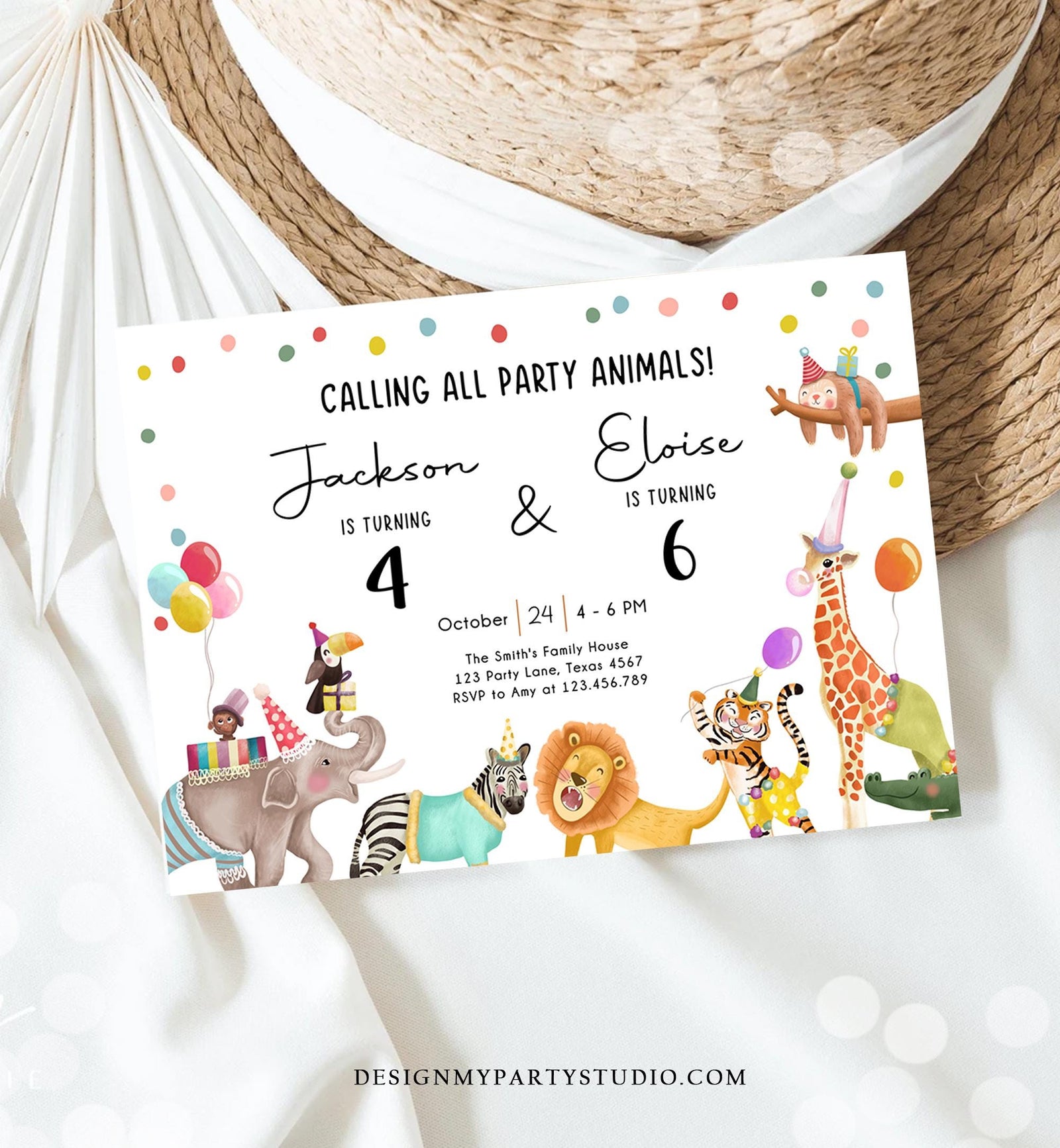 Editable Calling All Party Animals Birthday Invitation Joint Party Siblings Coed Zoo Safari Animals Boy Girl Digital Template Printable 0482