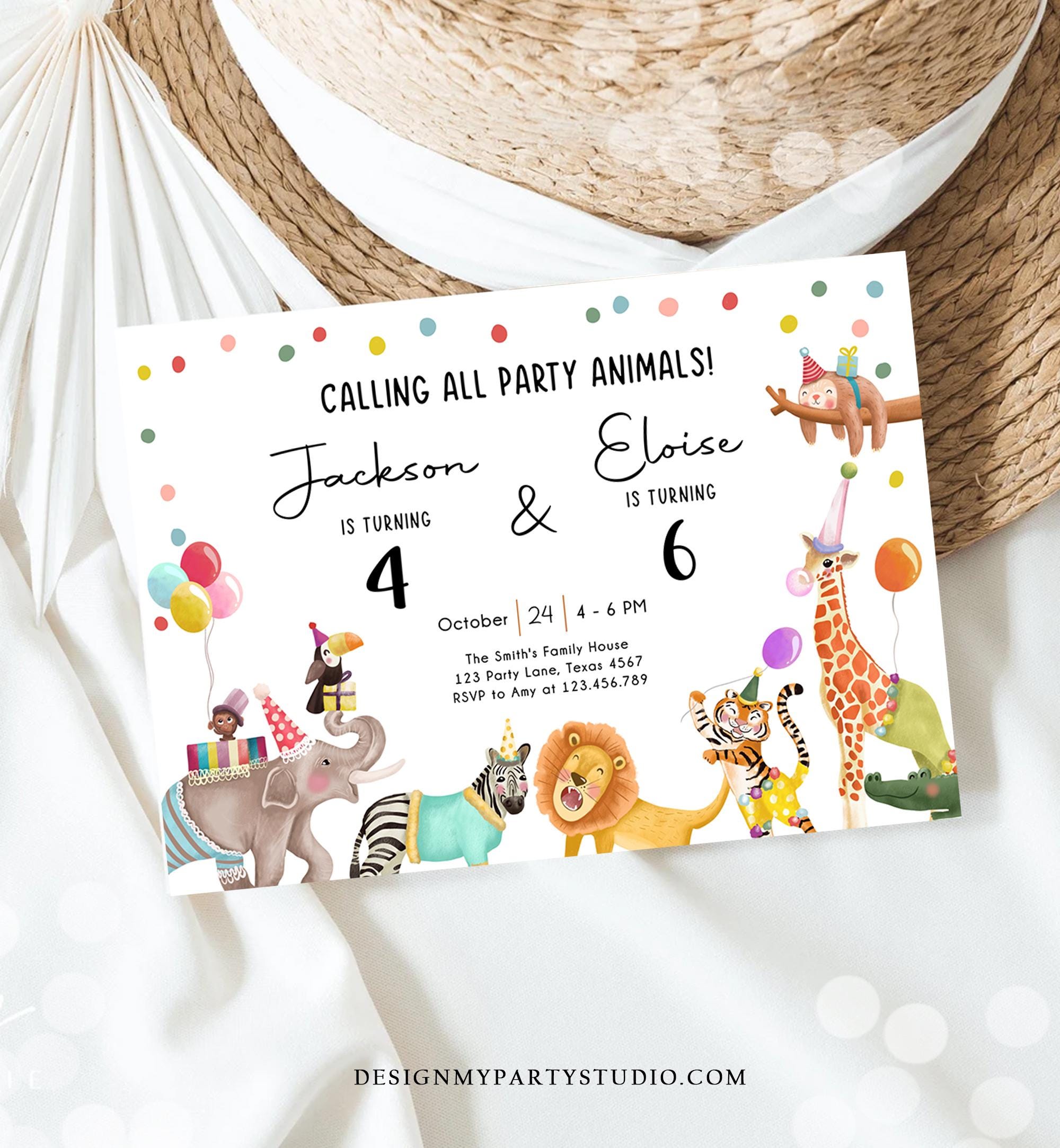 Editable Calling All Party Animals Birthday Invitation Joint Party Siblings Coed Zoo Safari Animals Boy Girl Digital Template Printable 0482