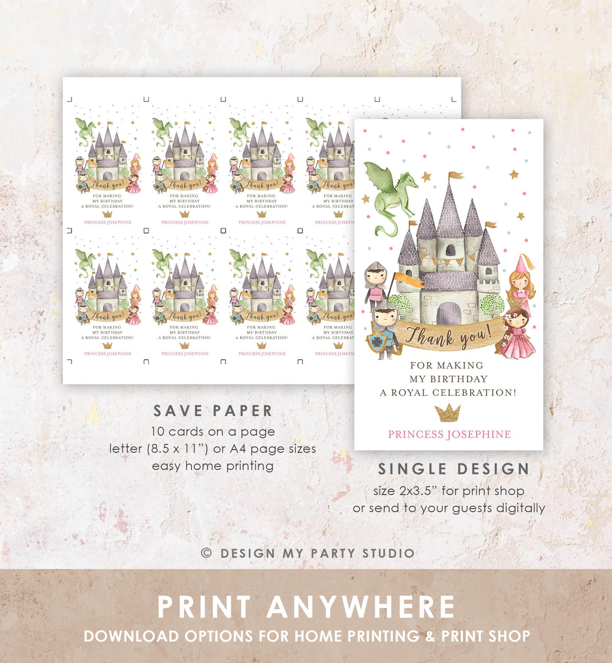 Editable Princess and Knight Favor Tag Gift Thank You Dragon Castle Birthday Royal Party Costume Magical Digital Template Printable 0171