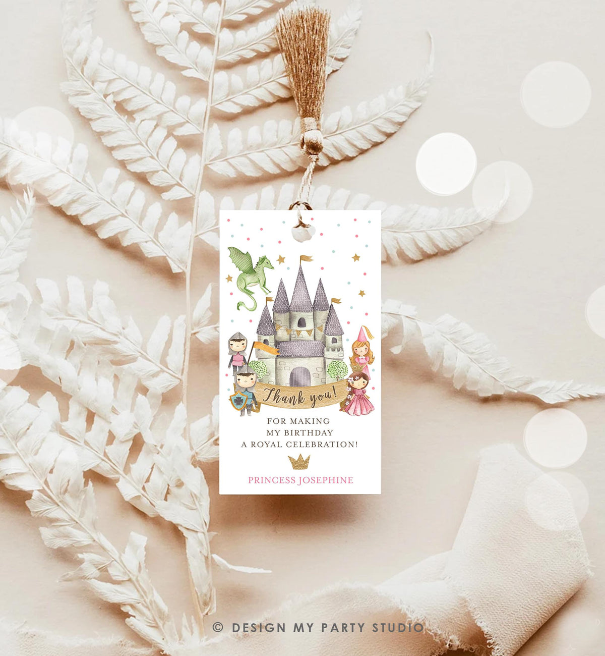 Editable Princess and Knight Favor Tag Gift Thank You Dragon Castle Birthday Royal Party Costume Magical Digital Template Printable 0171