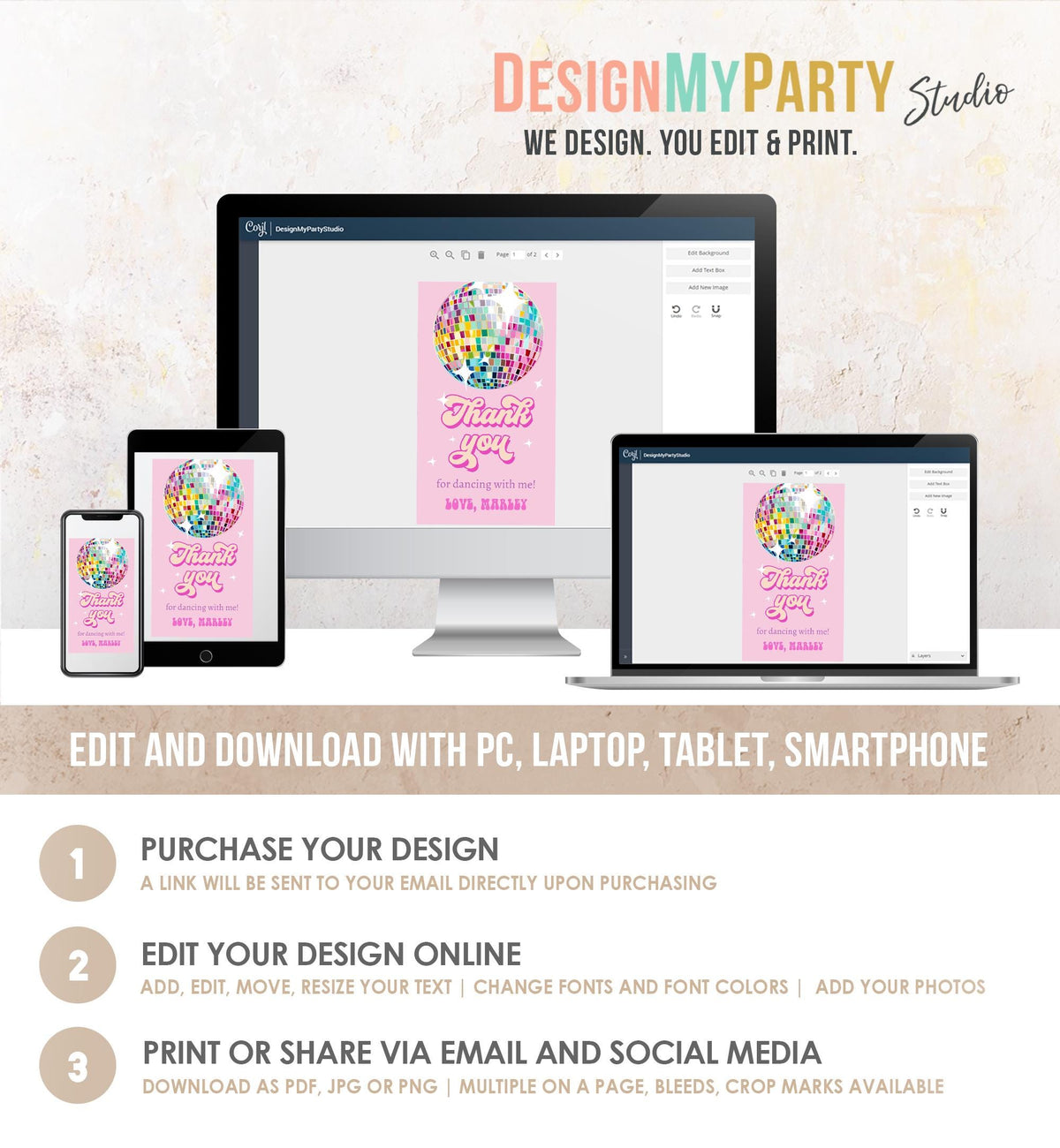 Editable Disco Ball Favor Tag Let&#39;s Disco Adult Party Birthday Thank You Girl Retro 70&#39;s Party Flower Power Digital Template Printable 0501