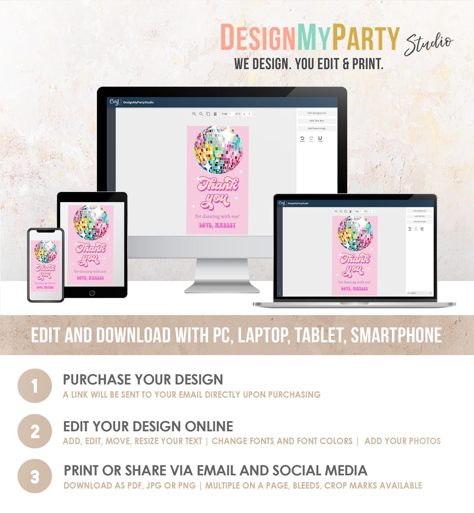 Editable Disco Ball Favor Tag Let's Disco Adult Party Birthday Thank You Girl Retro 70's Party Flower Power Digital Template Printable 0501