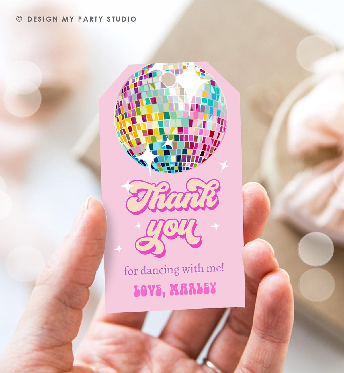 Editable Disco Ball Favor Tag Let&#39;s Disco Adult Party Birthday Thank You Girl Retro 70&#39;s Party Flower Power Digital Template Printable 0501