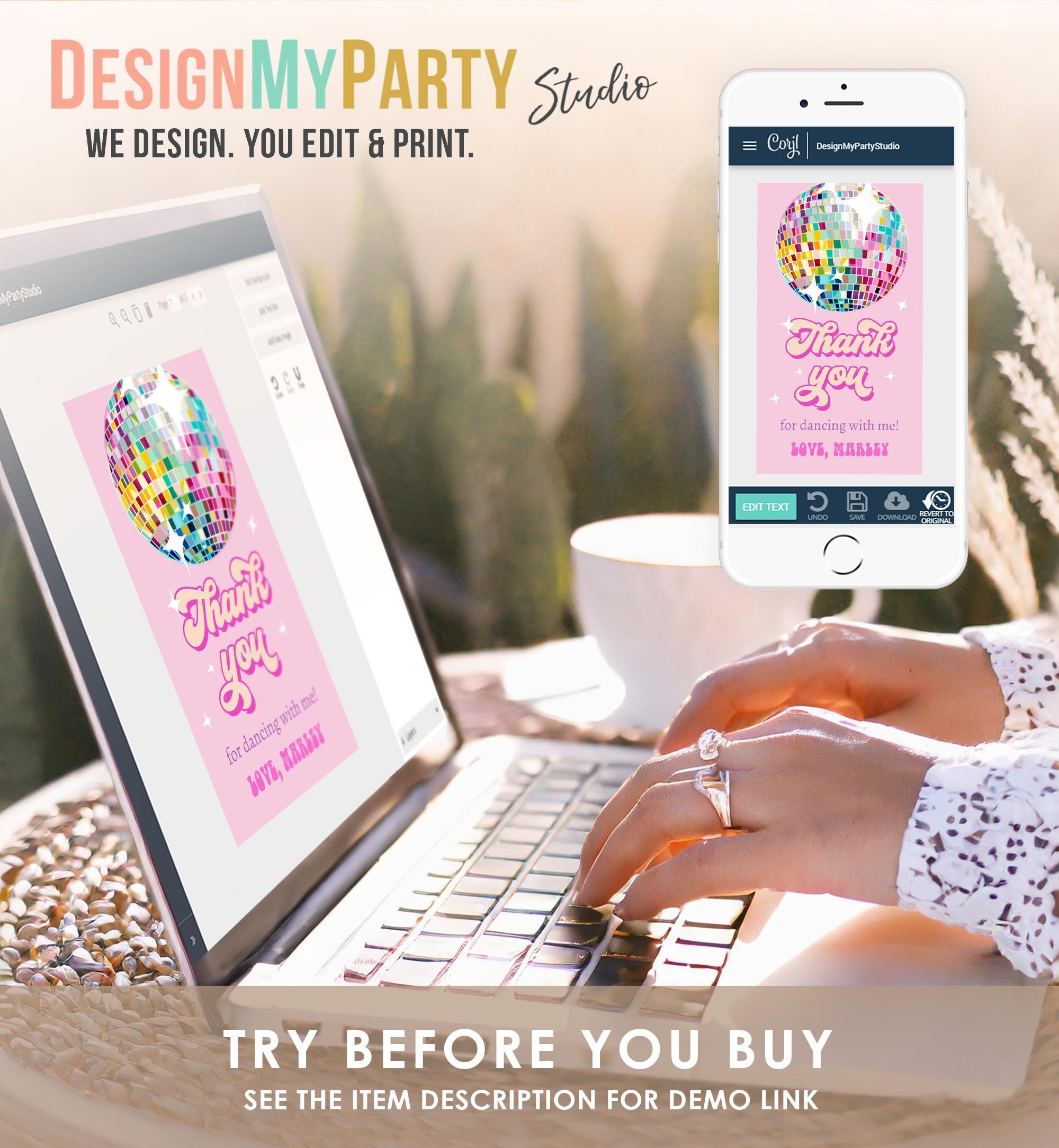 Editable Disco Ball Favor Tag Let's Disco Adult Party Birthday Thank You Girl Retro 70's Party Flower Power Digital Template Printable 0501