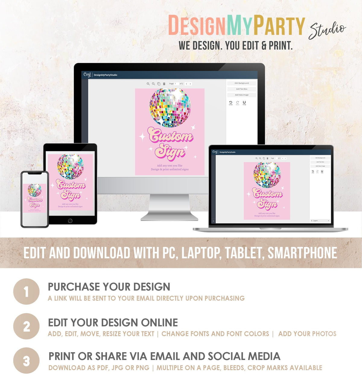 Editable Disco Custom Sign Let&#39;s Disco Pink Dance Adult 70s Party Retro Groovy Birthday Shower Digital Download Template Printable 0501