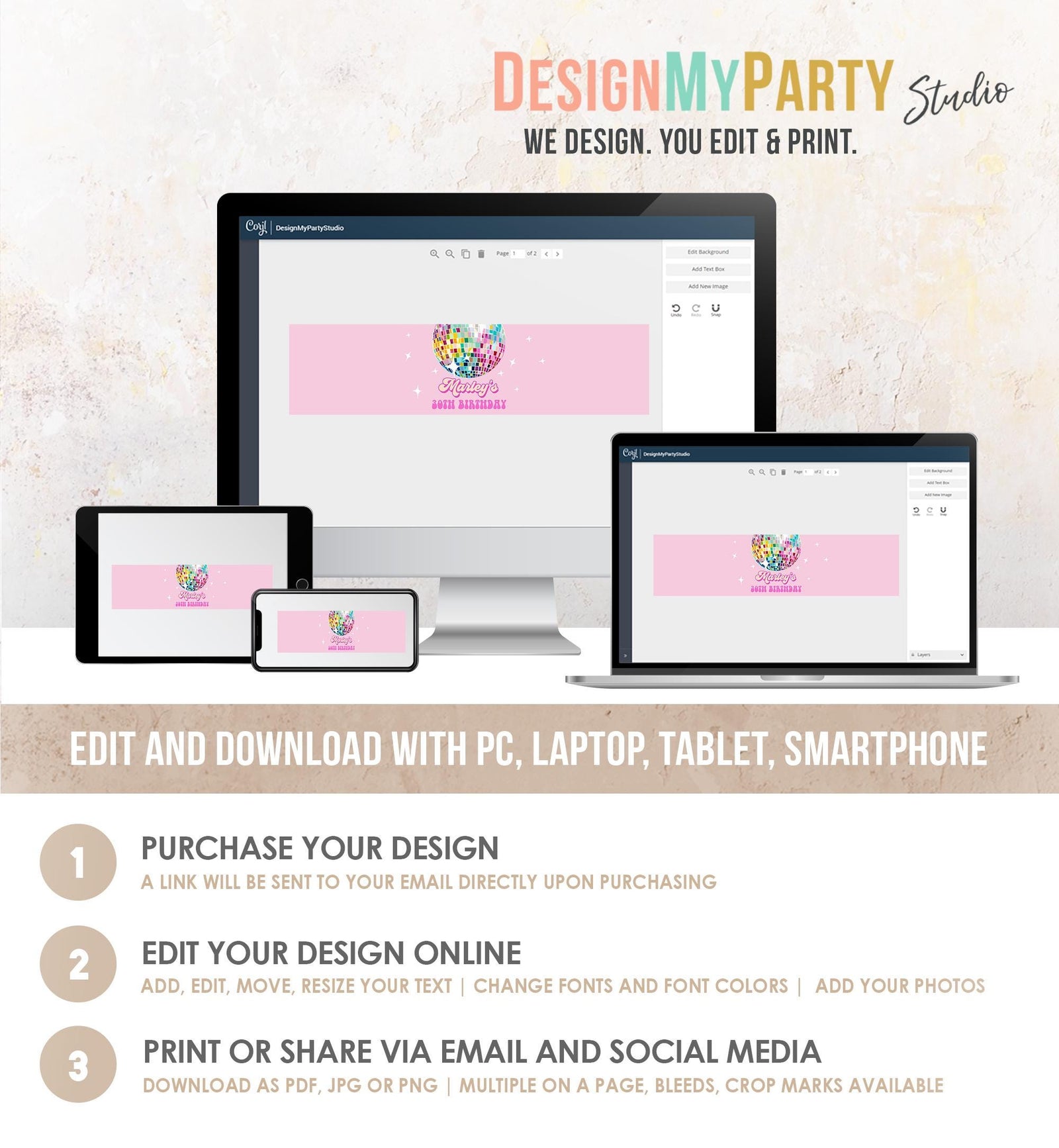 Editable Disco Water Bottle Labels Let's Disco Ball Retro Groovy Adult 70s Party Decor Birthday Pink Digital Template Printable 0501