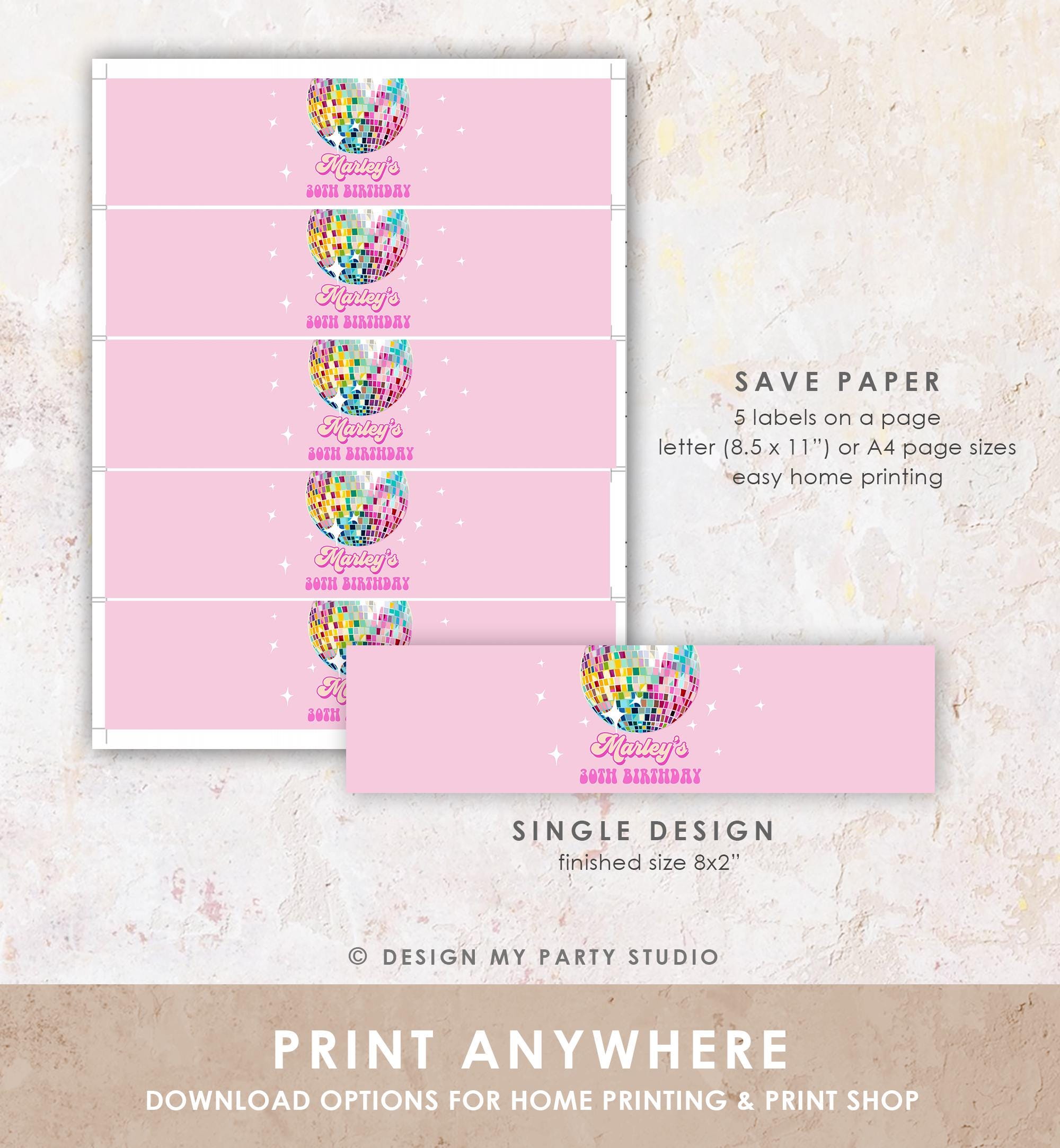 Editable Disco Water Bottle Labels Let's Disco Ball Retro Groovy Adult 70s Party Decor Birthday Pink Digital Template Printable 0501