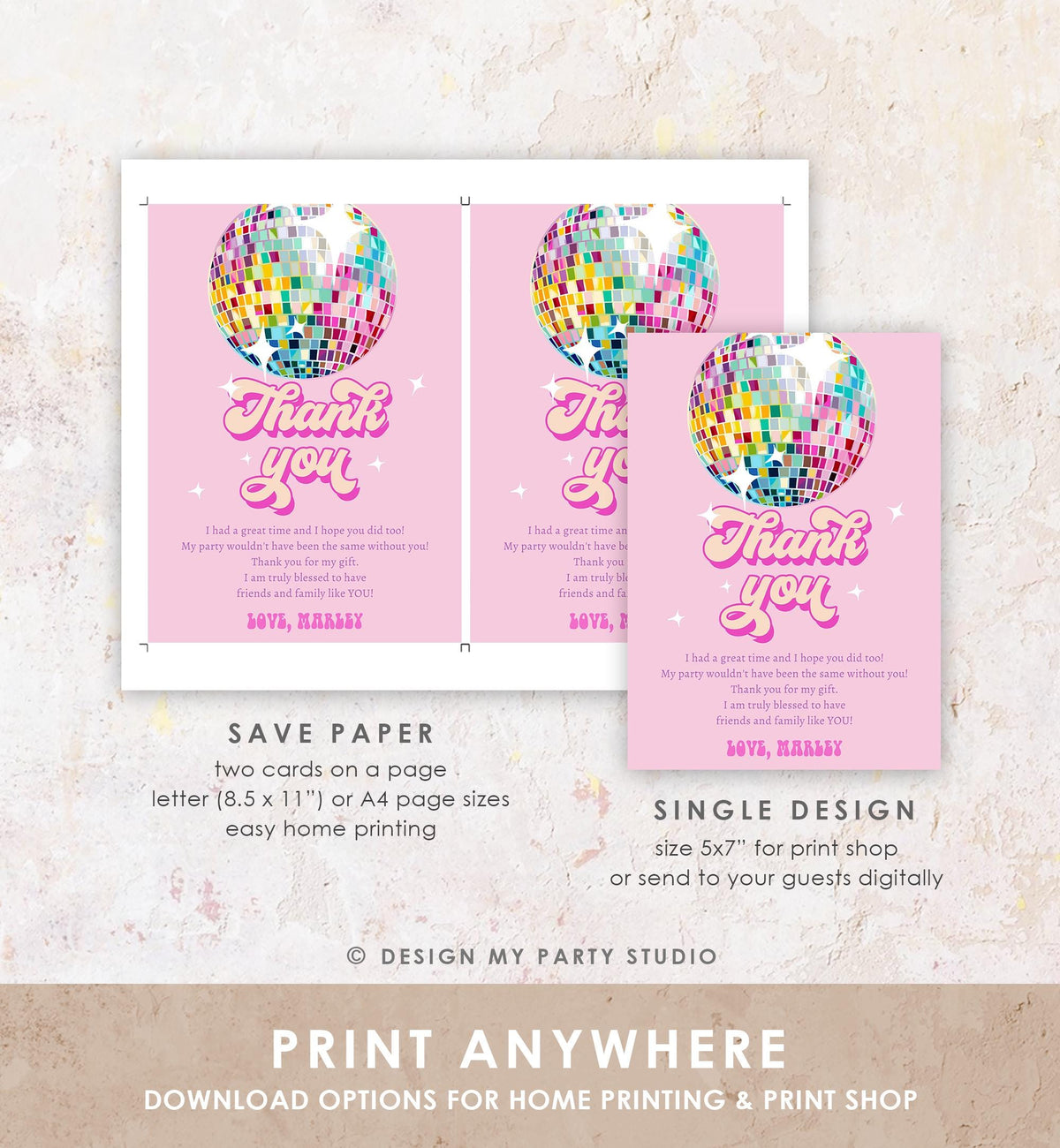 Editable Disco Party Thank You Card Let&#39;s Disco Ball Retro Groovy Birthday Shower 70s Adult Party Digital Download Template Printable 0501