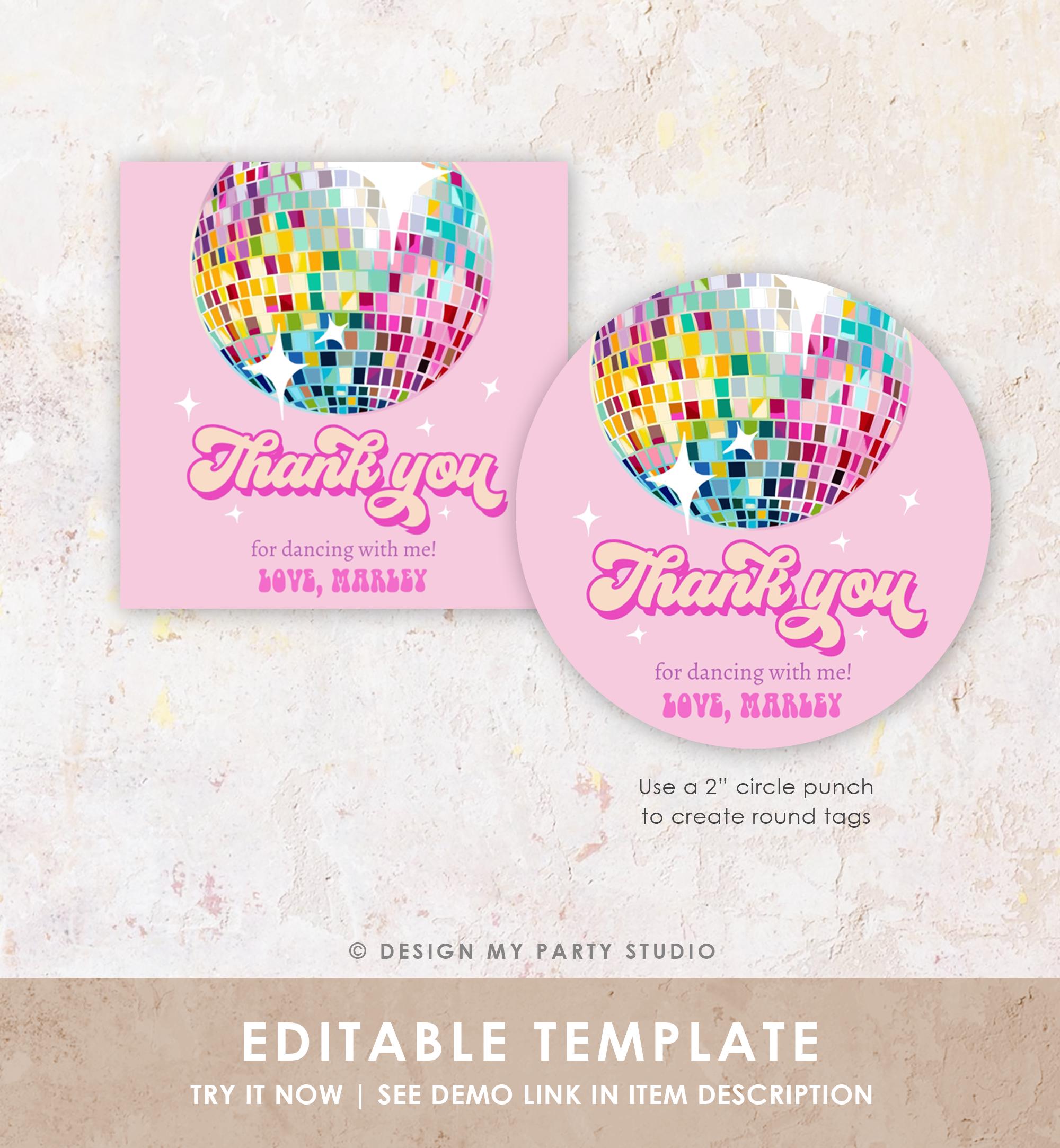 Editable Disco Ball Favor Tag Let's Disco Adult 70s Party Birthday Thank You Stickers Retro Groovy Pink Digital Template Printable 0501