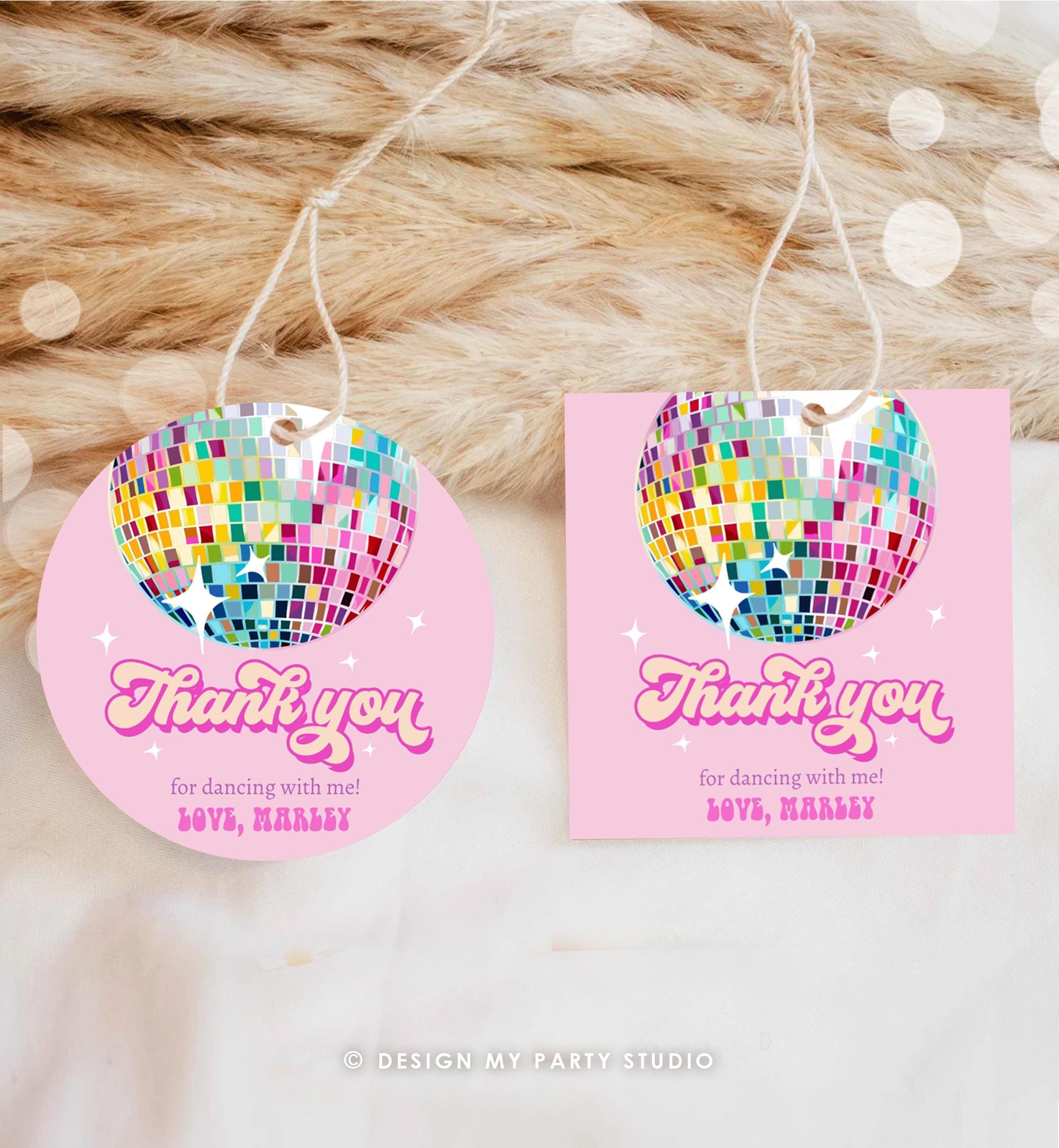 Editable Disco Ball Favor Tag Let's Disco Adult 70s Party Birthday Thank You Stickers Retro Groovy Pink Digital Template Printable 0501