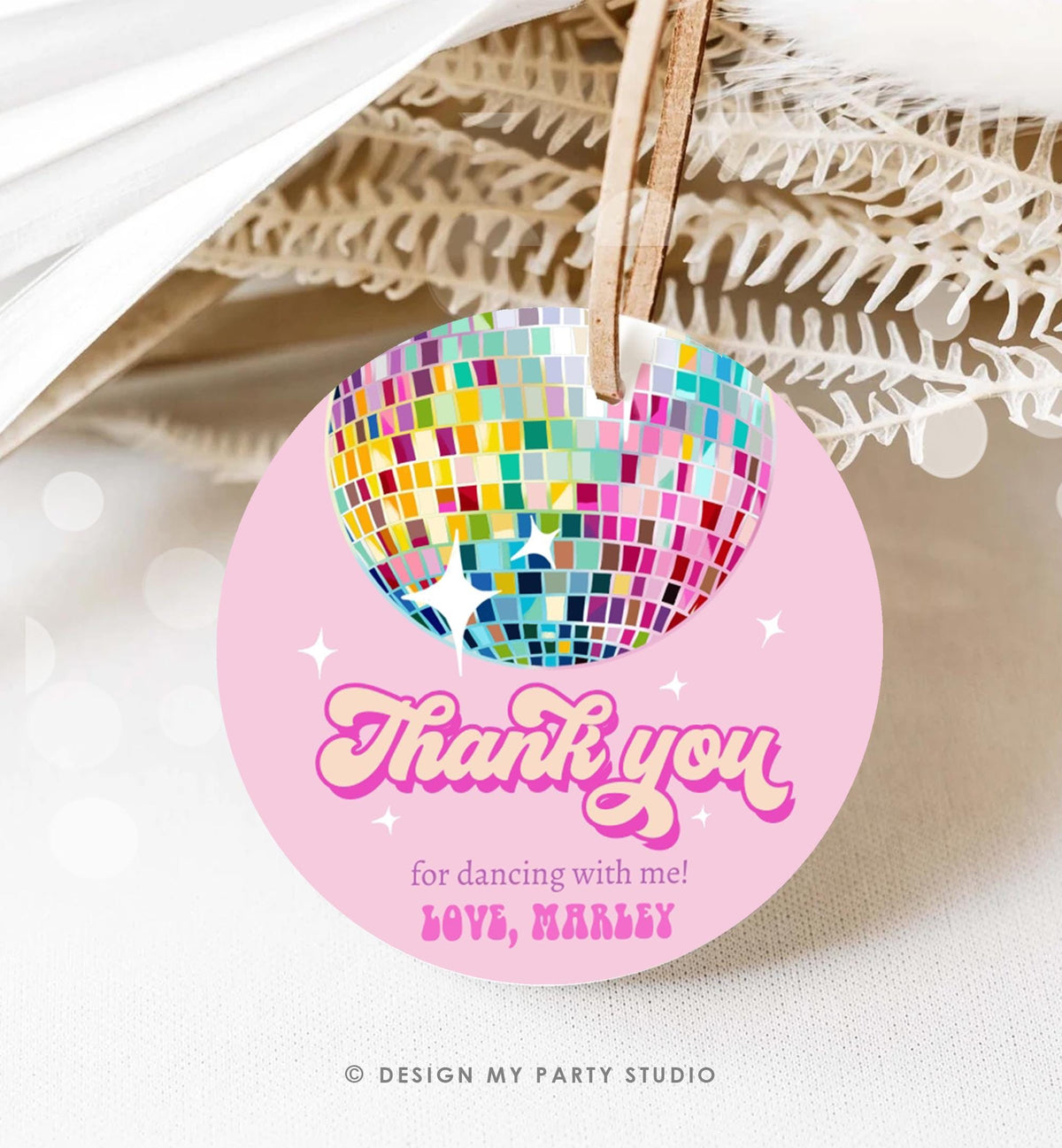 Editable Disco Ball Favor Tag Let&#39;s Disco Adult 70s Party Birthday Thank You Stickers Retro Groovy Pink Digital Template Printable 0501