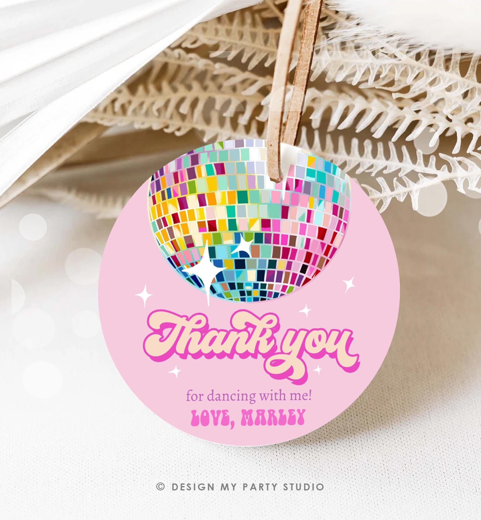 Editable Disco Ball Favor Tag Let's Disco Adult 70s Party Birthday Thank You Stickers Retro Groovy Pink Digital Template Printable 0501
