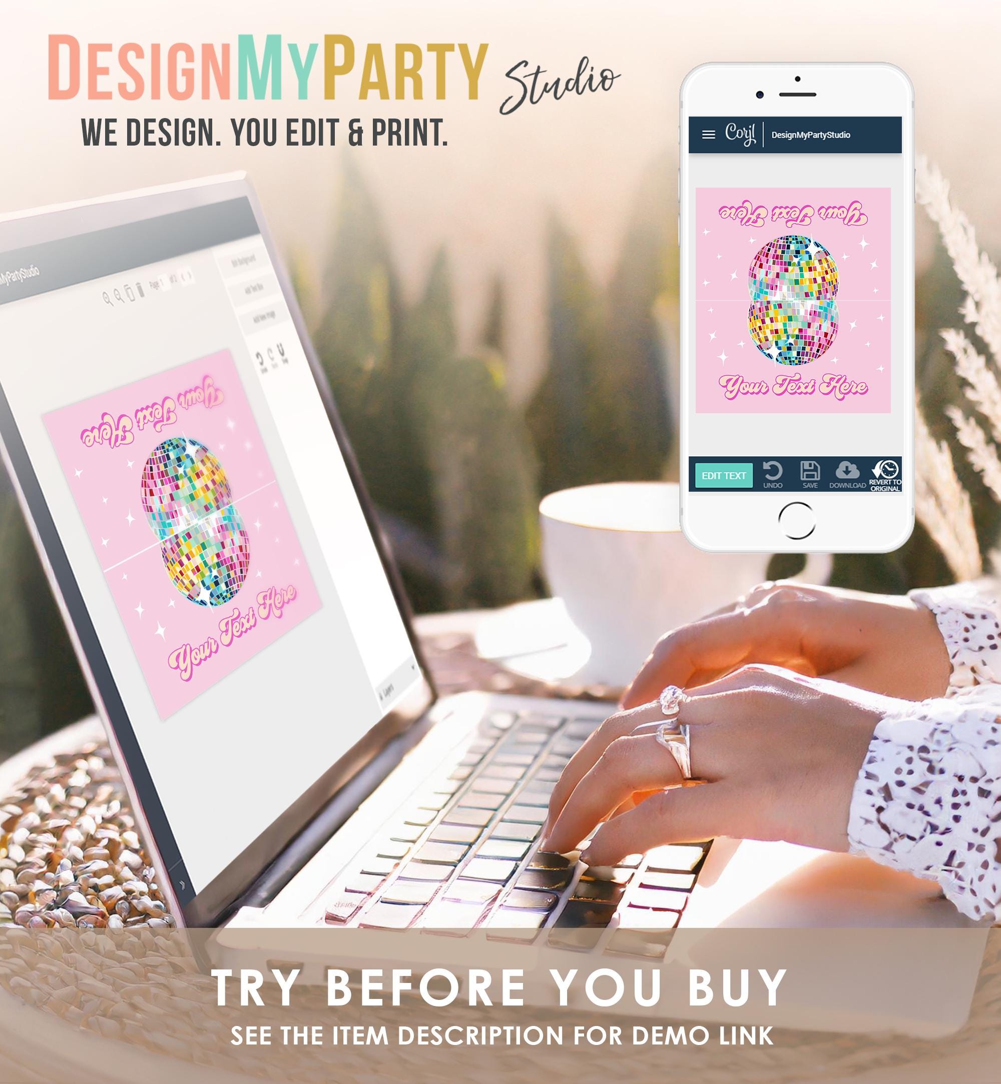 Editable Disco Food Label Let's Disco 70s Party Birthday Shower Place Card Tent Buffet Pink Girl Retro Digital Template Printable 0501