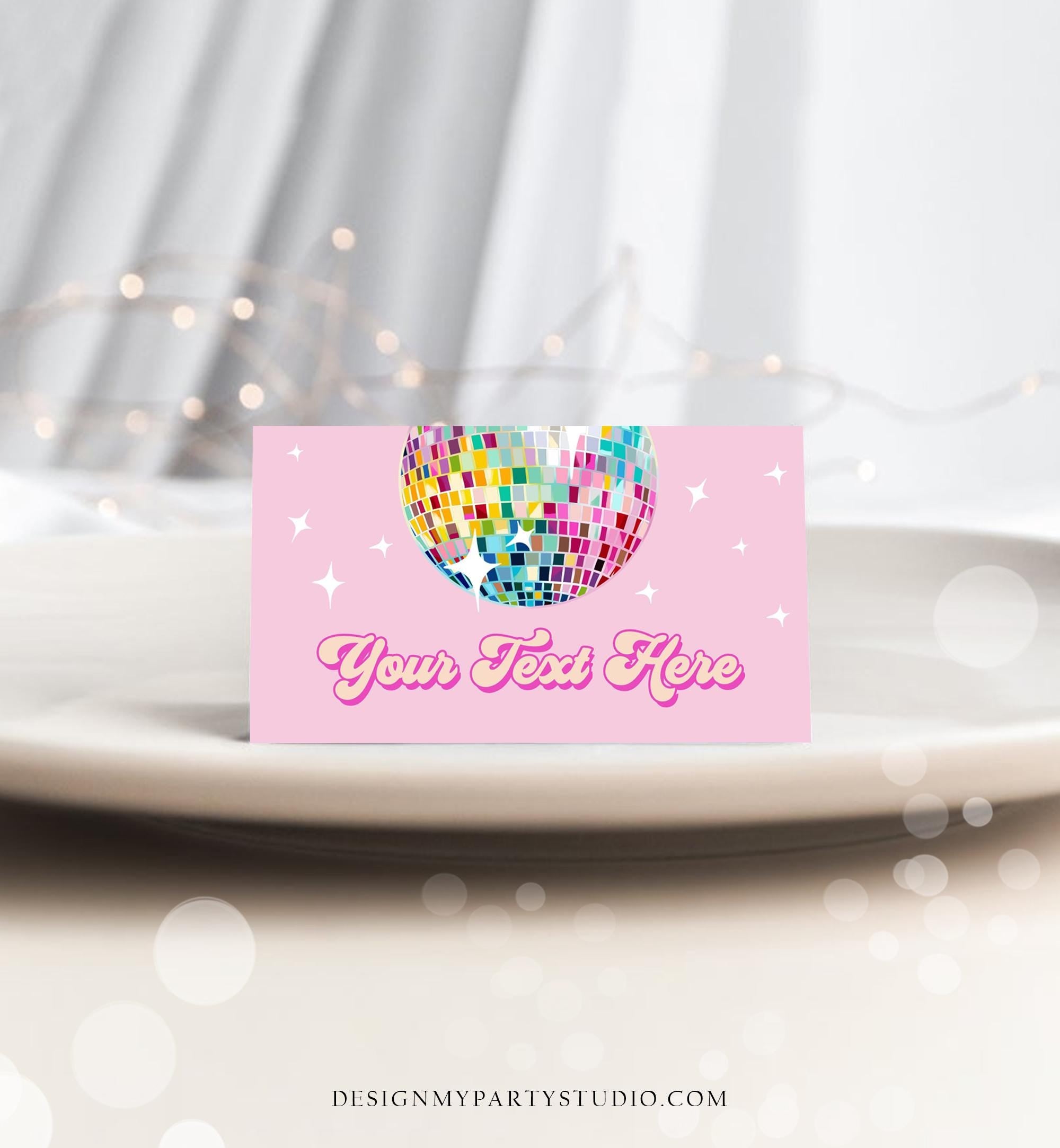 Editable Disco Food Label Let's Disco 70s Party Birthday Shower Place Card Tent Buffet Pink Girl Retro Digital Template Printable 0501