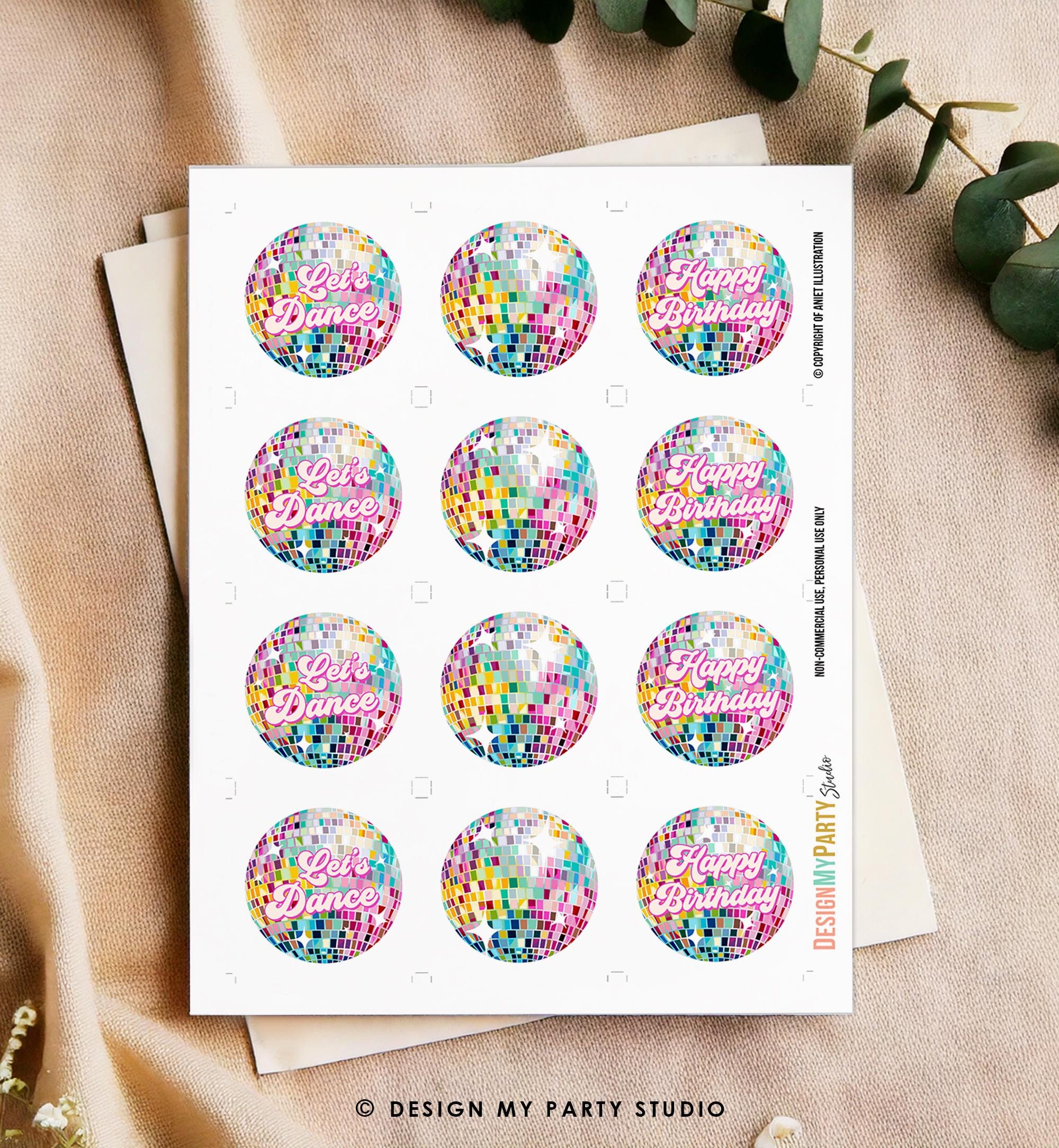 Disco Cupcake Toppers Let's Disco Girl Pink Birthday Shower Sticker Favor Tag Retro Groovy Adult 70s Party Digital Download Printable 0501