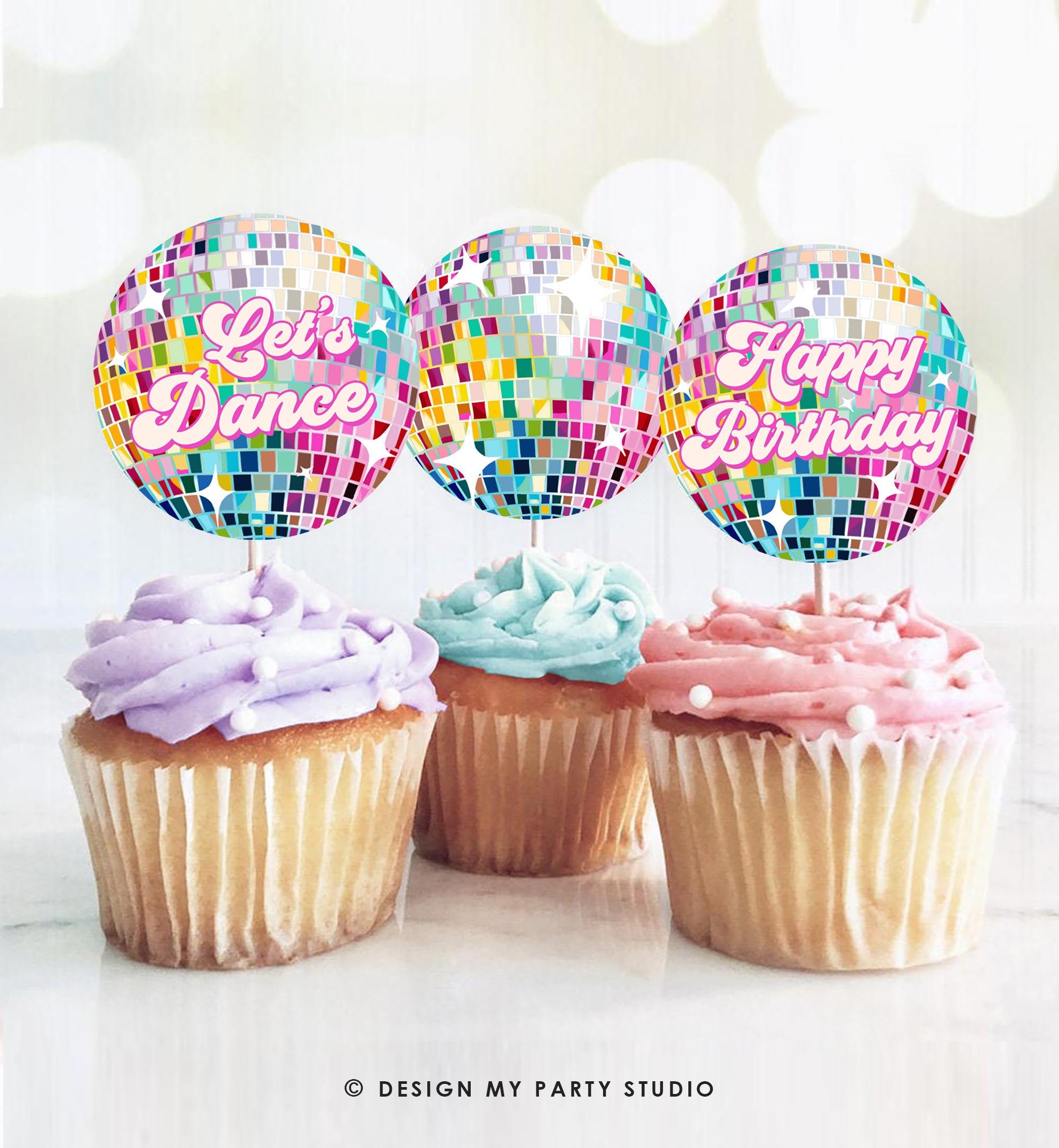 Disco Cupcake Toppers Let's Disco Girl Pink Birthday Shower Sticker Favor Tag Retro Groovy Adult 70s Party Digital Download Printable 0501