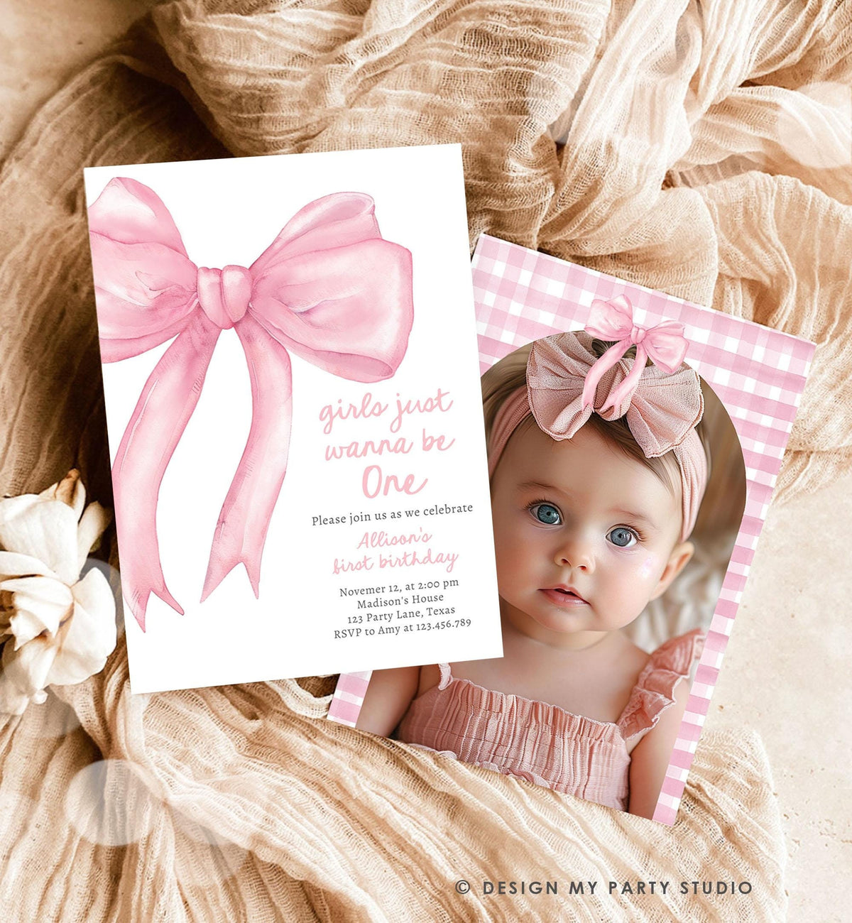 Editable Girls Just Wanna Be One Birthday Invitation Pink Bow 1st Birthday First Preppy Coquette Bow Evite Template Digital Download 0527