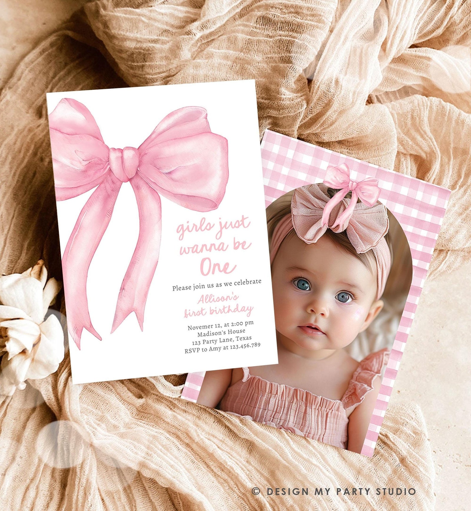 Editable Girls Just Wanna Be One Birthday Invitation Pink Bow 1st Birthday First Preppy Coquette Bow Evite Template Digital Download 0527