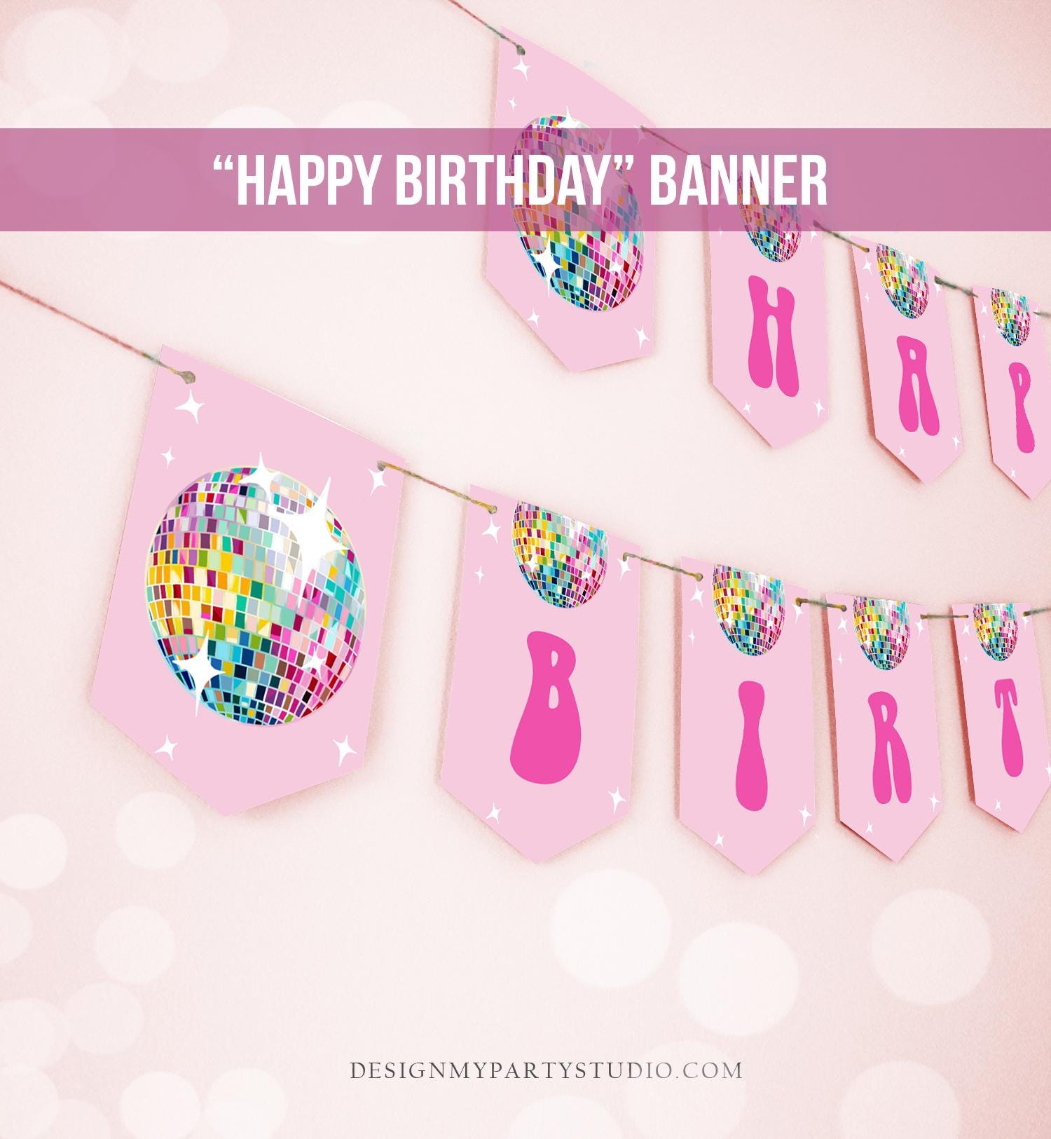 Happy Birthday Banner Disco Ball Birthday Banner Girl Pink Let's Disco 70s Disco Party Retro Groovy Decor Digital Download Printable 0501
