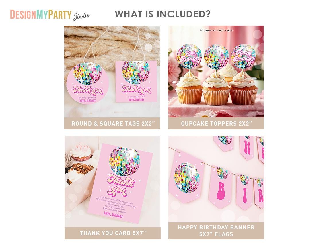 Disco Birthday Invitation Bundle ANY AGE Let's Disco Ball Retro Groovy 70s Party Girl Pink Flower Power Digital Template Printable 0501