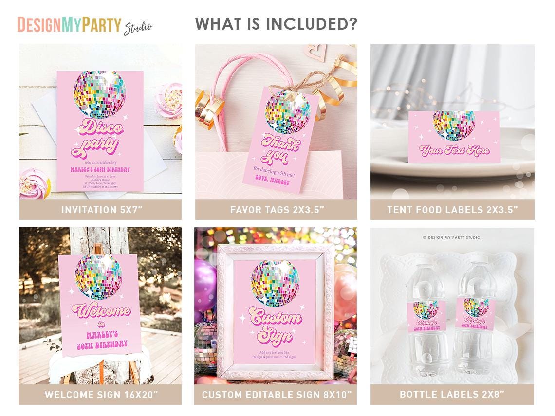 Disco Birthday Invitation Bundle ANY AGE Let's Disco Ball Retro Groovy 70s Party Girl Pink Flower Power Digital Template Printable 0501