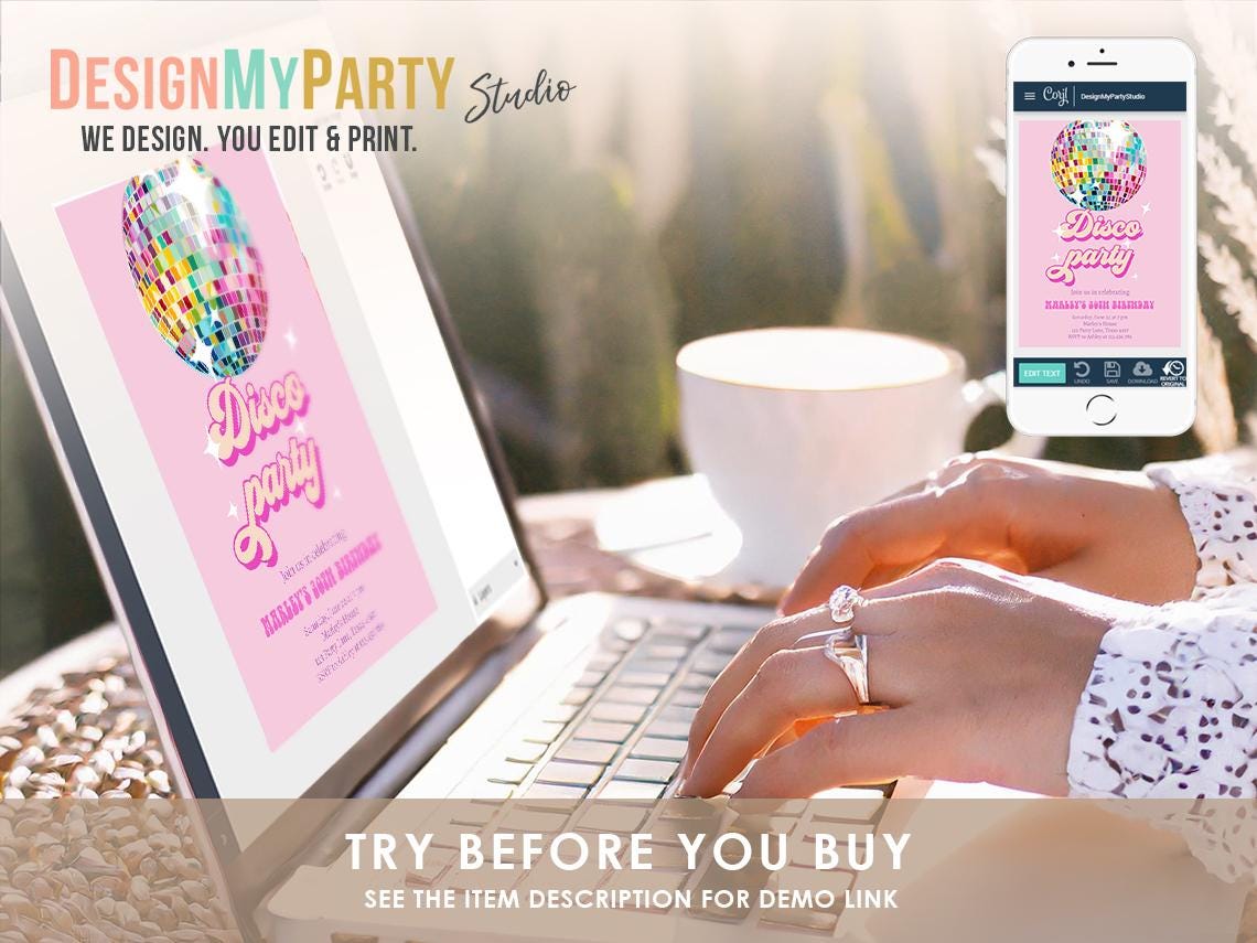 Disco Birthday Invitation Bundle ANY AGE Let's Disco Ball Retro Groovy 70s Party Girl Pink Flower Power Digital Template Printable 0501