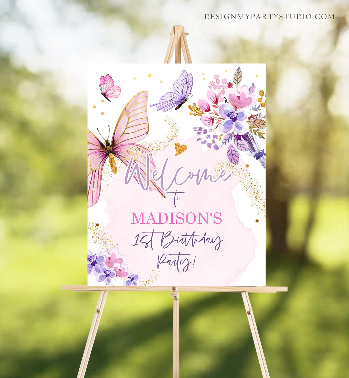 Editable Butterfly Welcome Sign Butterfly Birthday Party Butterfly Party Garden Girl Pink Gold Floral Purple Digital Template Printable 0437