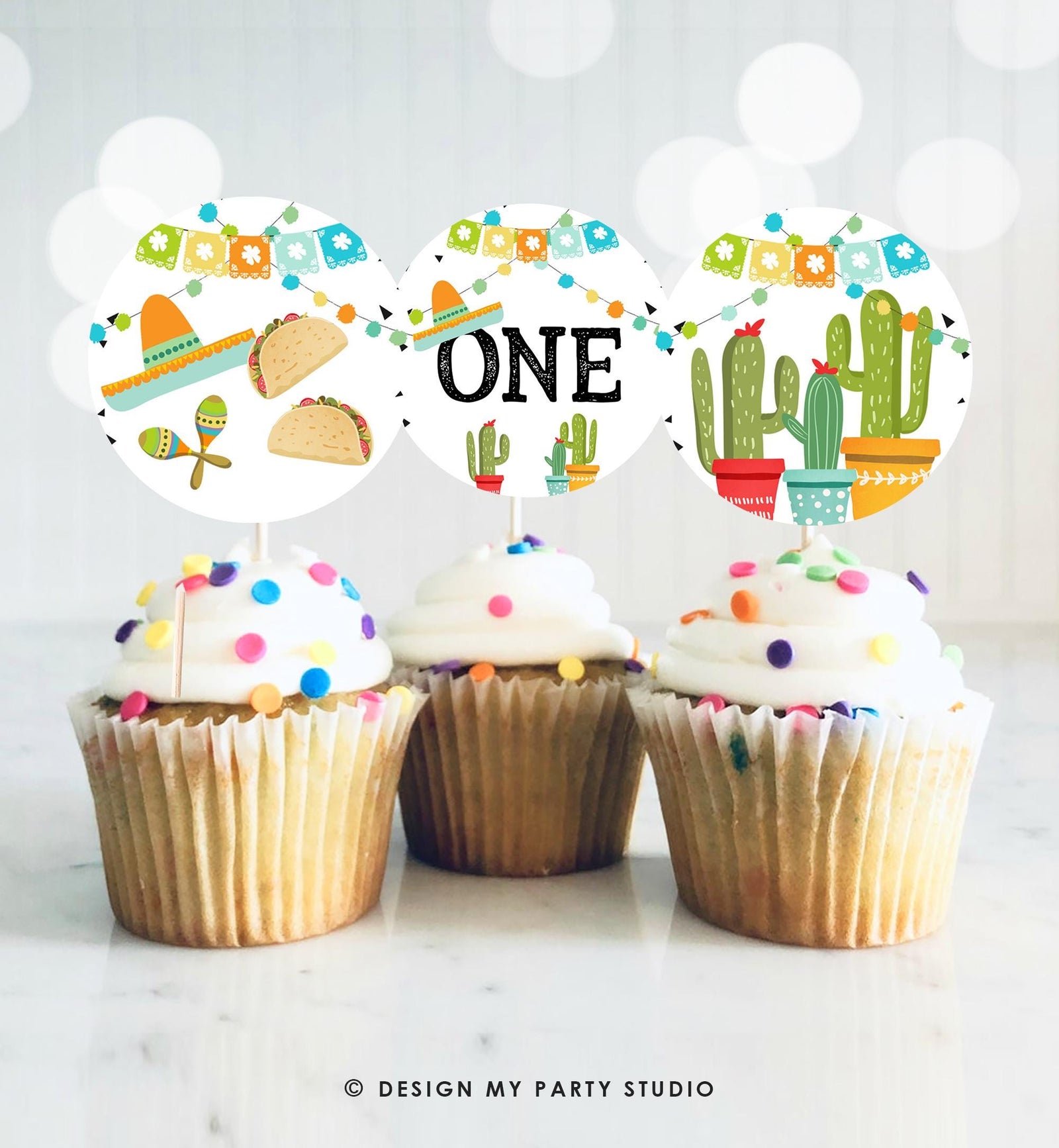 First Fiesta Cupcake Toppers Favor Tag Sticker First 1st Birthday Party Decoration Fiesta Mexican Cactus Instant Download Printable 0161
