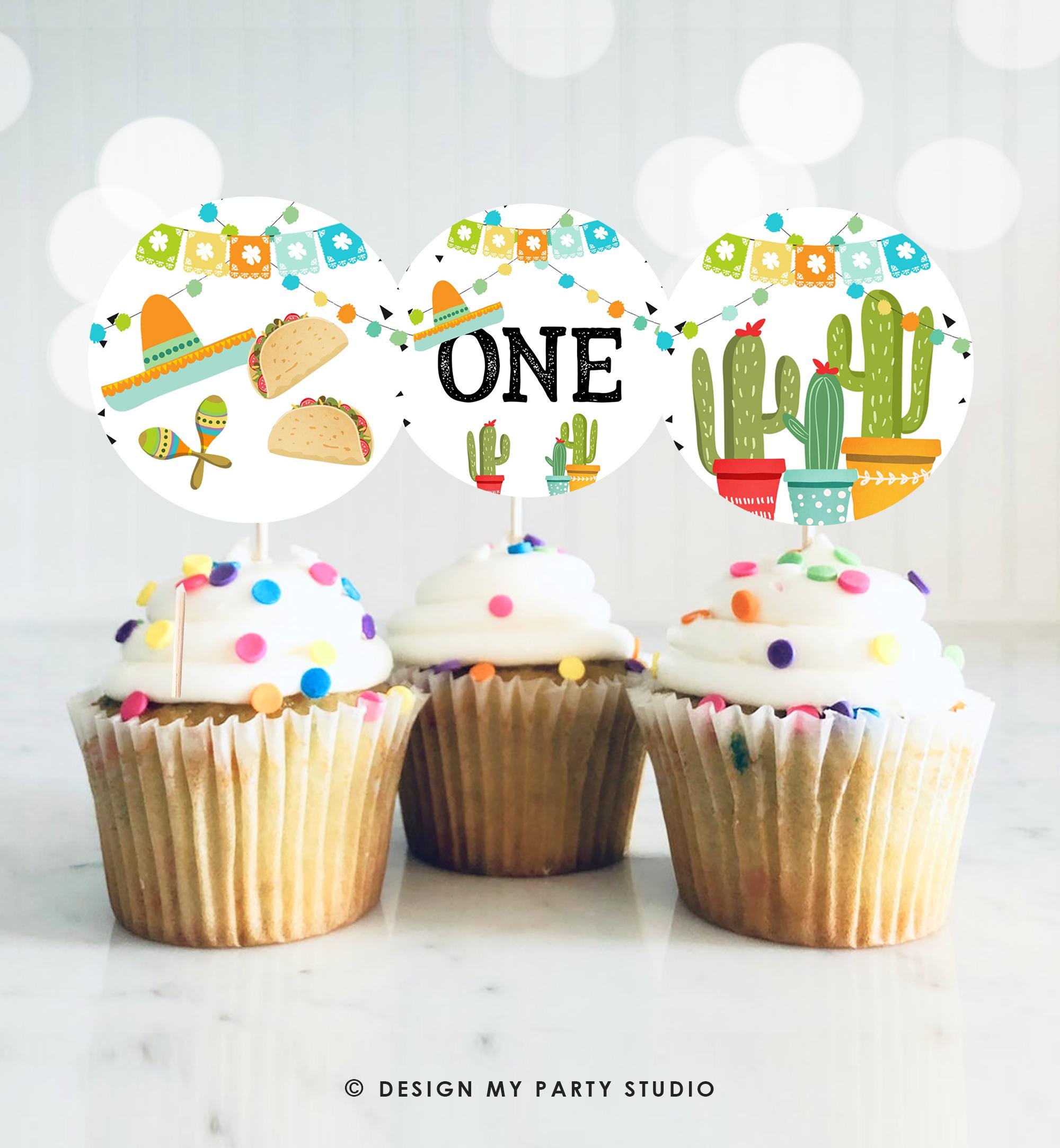 First Fiesta Cupcake Toppers Favor Tag Sticker First 1st Birthday Party Decoration Fiesta Mexican Cactus Instant Download Printable 0161