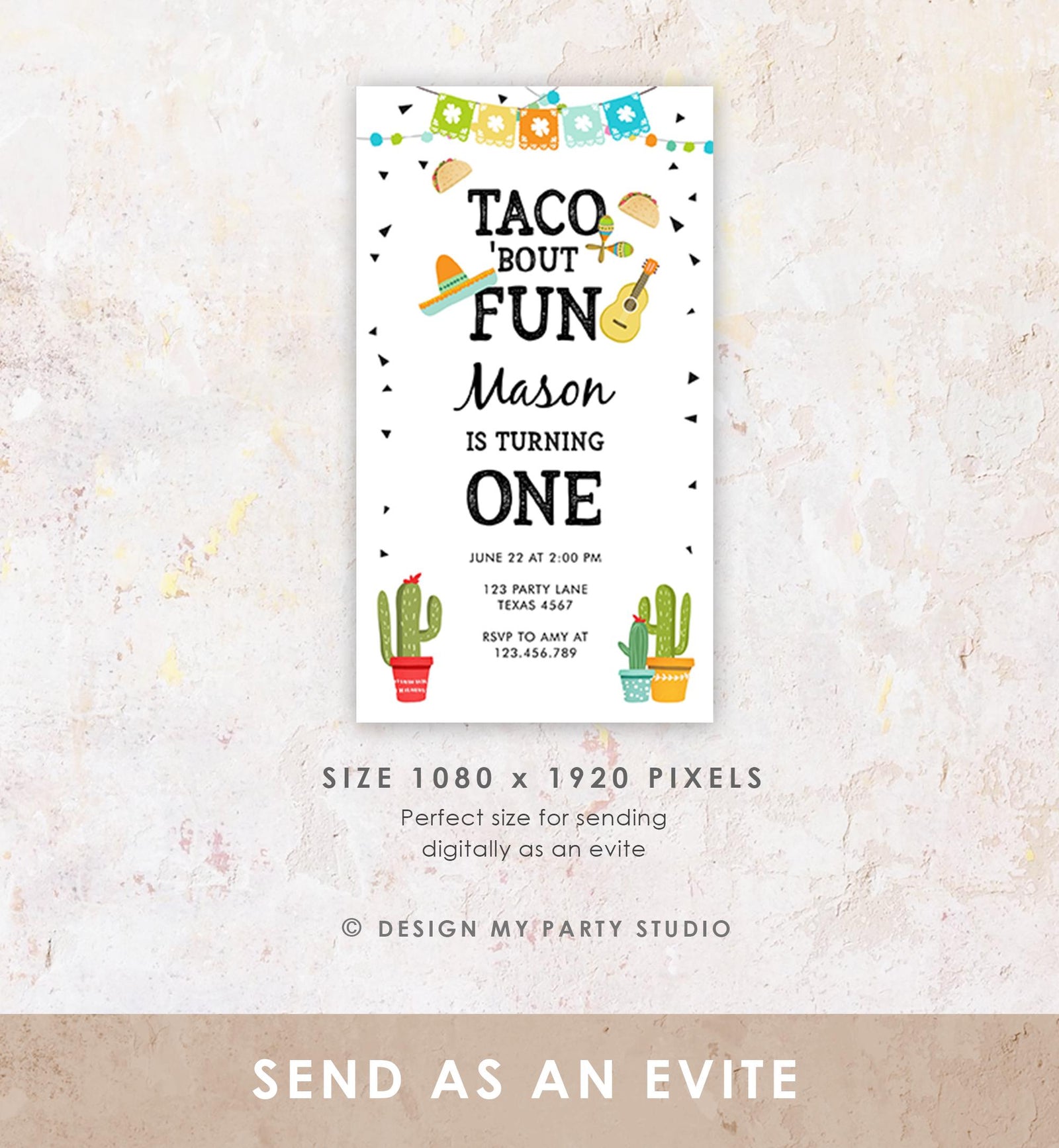 Editable Taco Bout Fun Birthday Invitation Boy First Fiesta Cactus Sombrero Blue Digital Download Electronic Evite Phone Template 0161