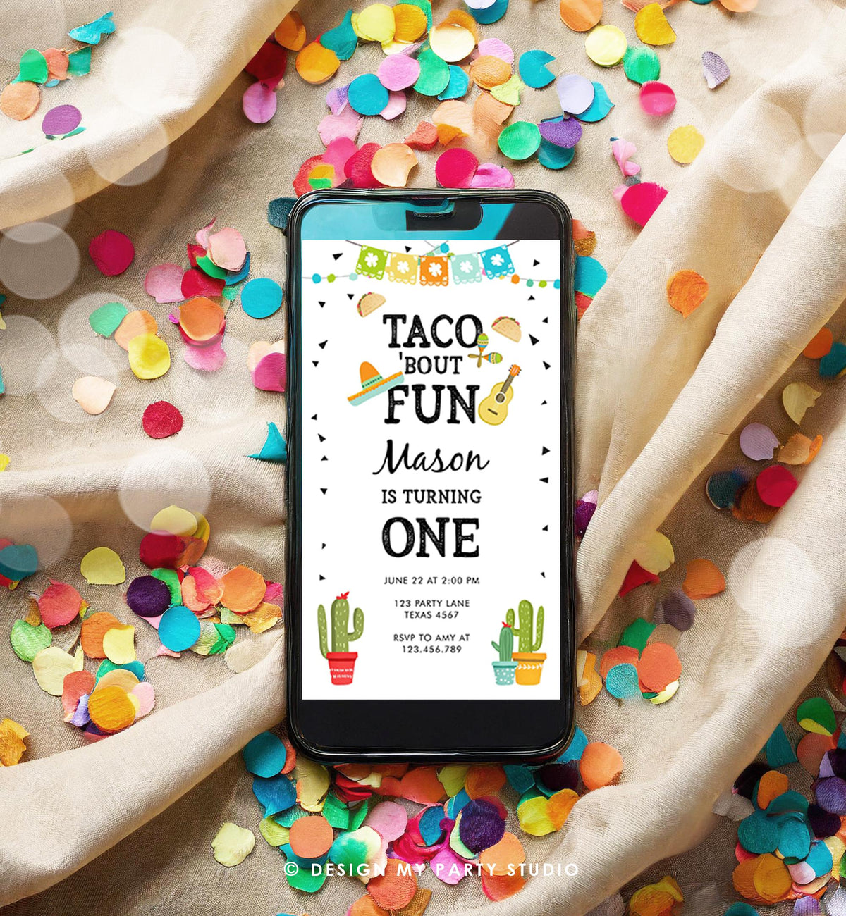Editable Taco Bout Fun Birthday Invitation Boy First Fiesta Cactus Sombrero Blue Digital Download Electronic Evite Phone Template 0161