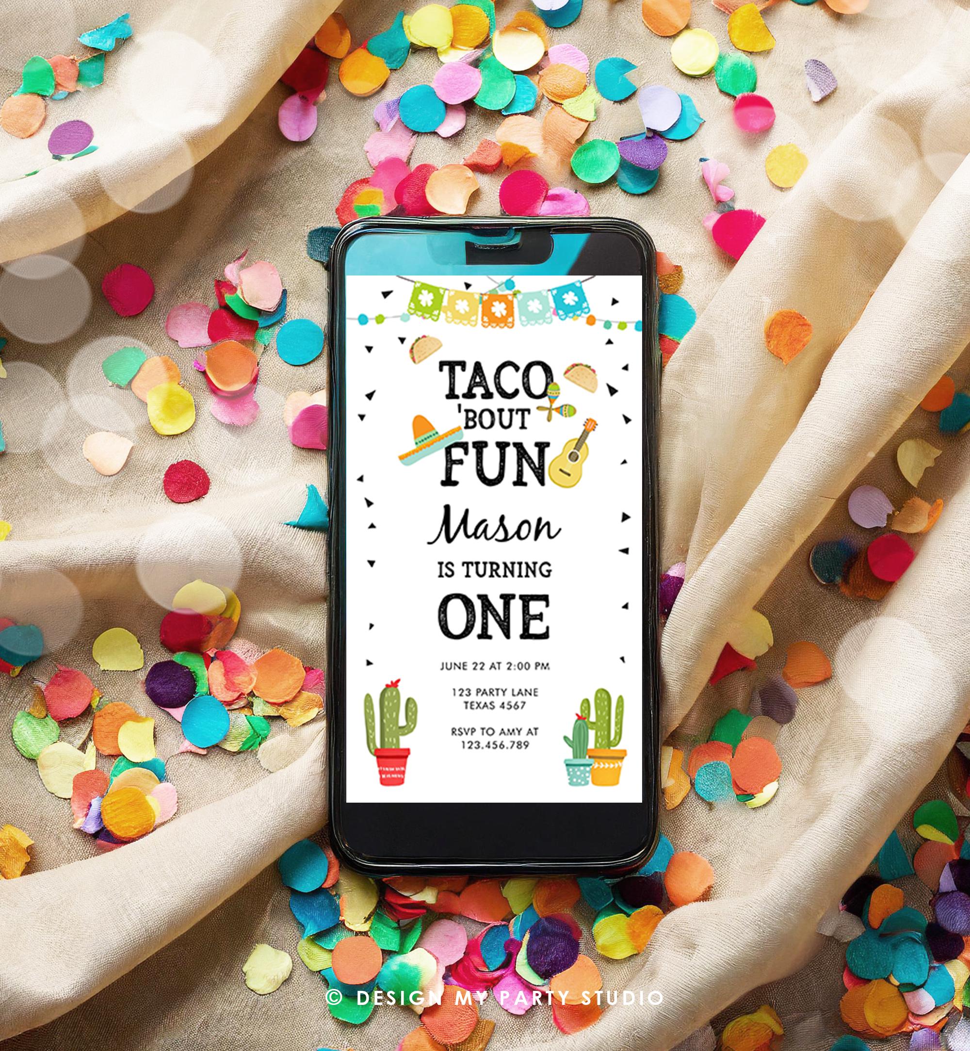 Editable Taco Bout Fun Birthday Invitation Boy First Fiesta Cactus Sombrero Blue Digital Download Electronic Evite Phone Template 0161