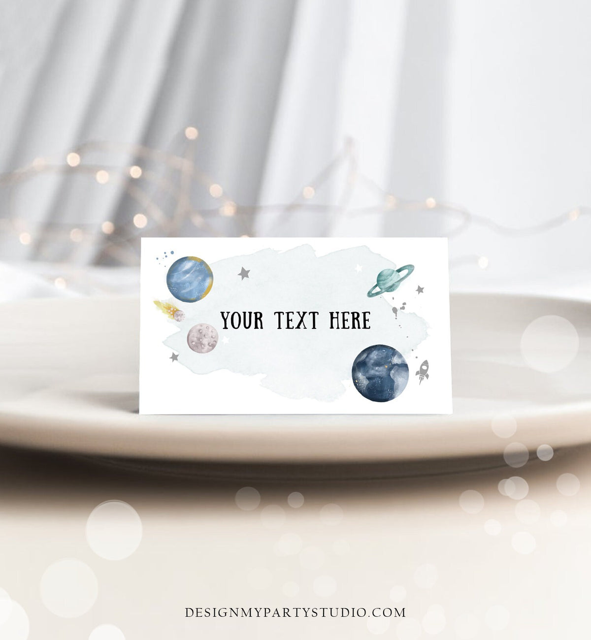 Editable Outer Space Food Label Birthday Galaxy Insert Card Label Place Card Tent Astronaut Around the Sun Silver Template Printable 0357