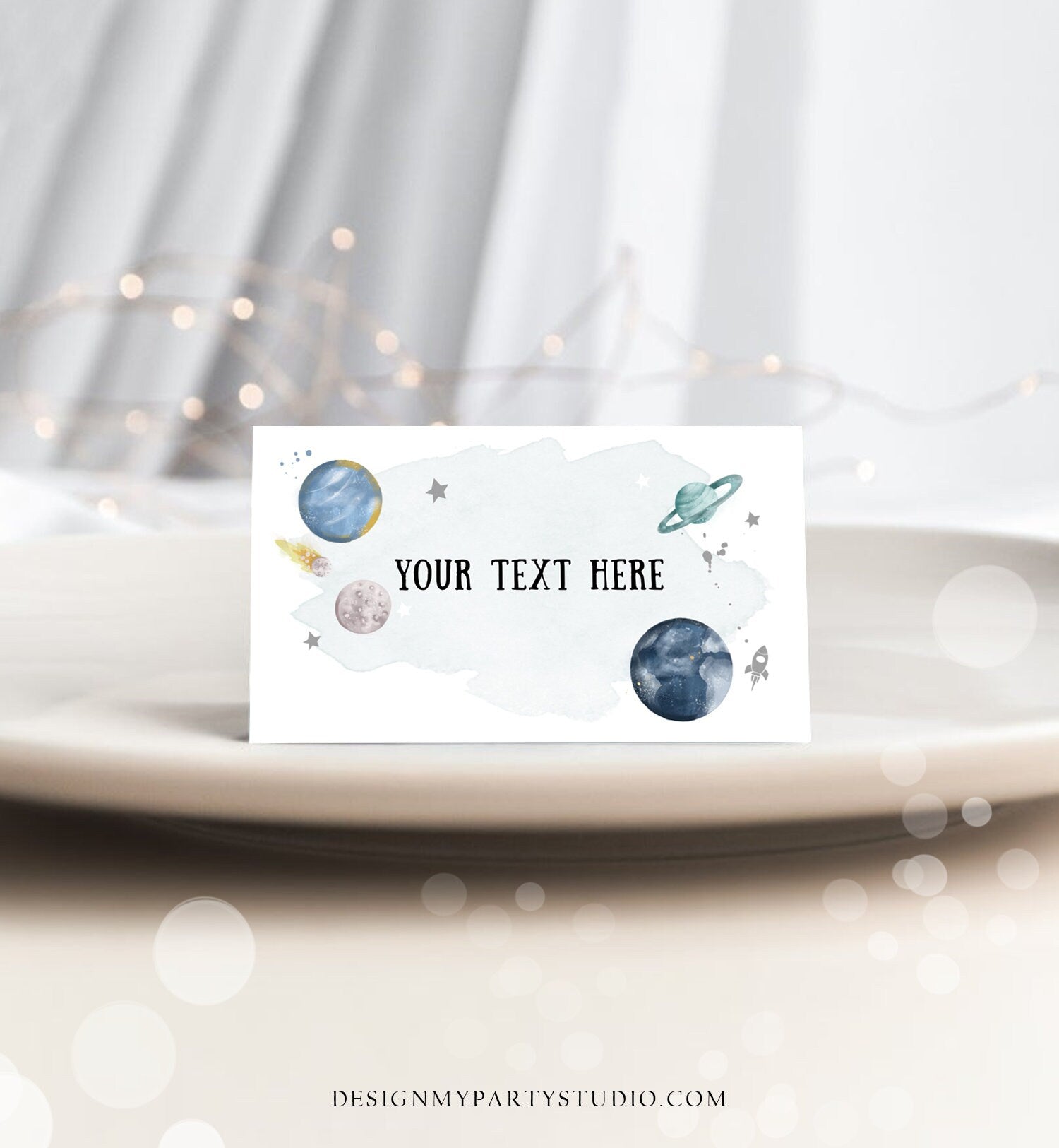 Editable Outer Space Food Label Birthday Galaxy Insert Card Label Place Card Tent Astronaut Around the Sun Silver Template Printable 0357