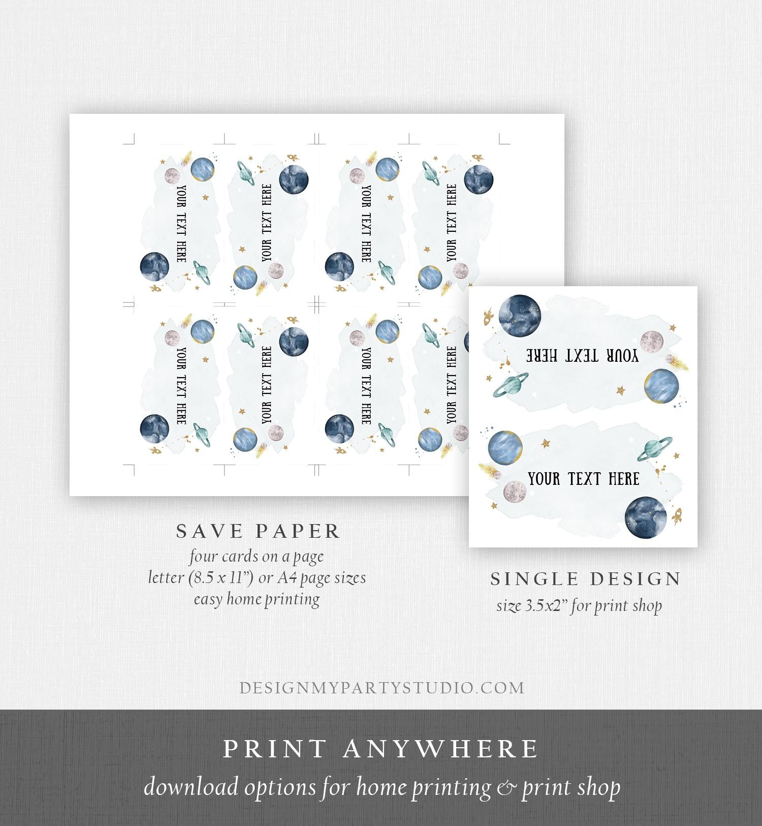 Editable Food Labels Outer Space Birthday Galaxy Food Labels Place Card Tent Insert Astronaut Around the Sun Gold Template Printable 0357